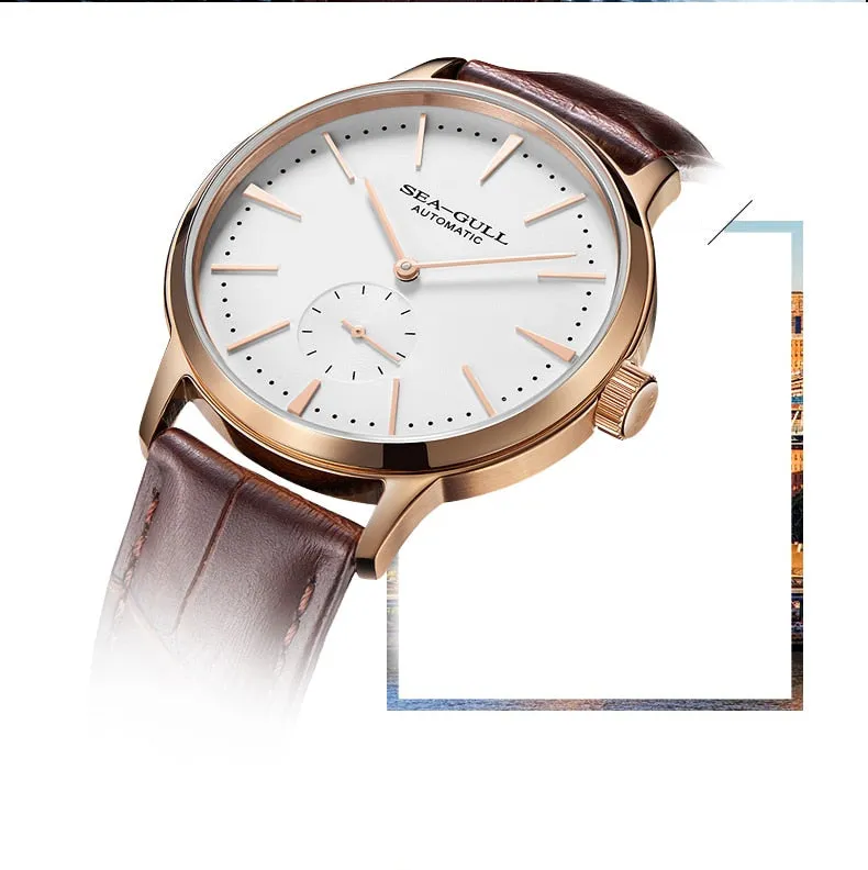 Sea-Gull Automatic waterproof Rose Gold Mechanical watch with seconds sub-dial. Calibre : ST17  Movement : 519.12.6075 (white) 819.22.6075 (Black)