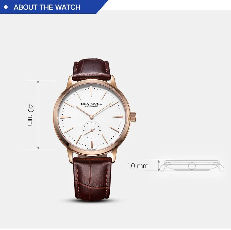 Sea-Gull Automatic waterproof Rose Gold Mechanical watch with seconds sub-dial. Calibre : ST17  Movement : 519.12.6075 (white) 819.22.6075 (Black)