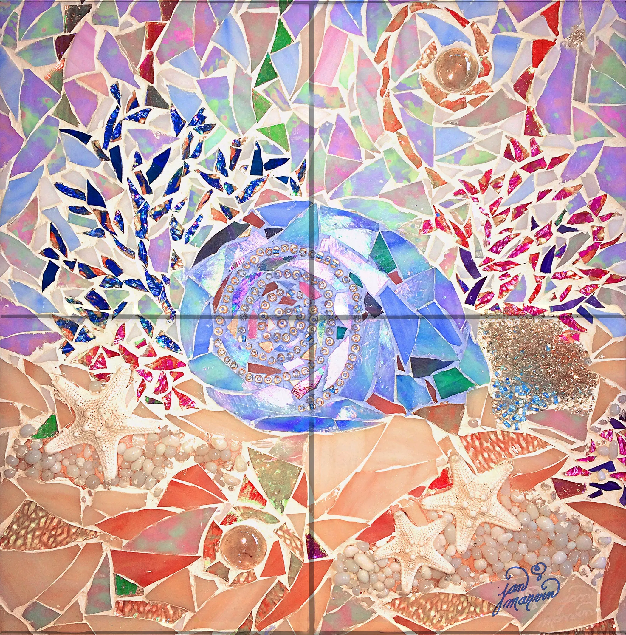 Seashell & Mosaic Tile Mural, High Quality (won't fade), Indoor or Outdoor, Beach Wall Tiles, Backsplash, Shower