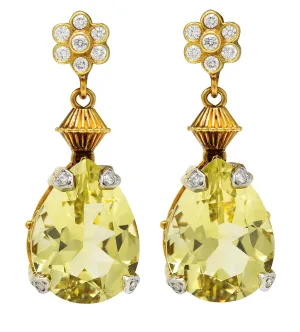 SeidenGang 1990's Lemon Quartz Diamond 18 Karat Two-Tone Gold Vintage Drop Earrings
