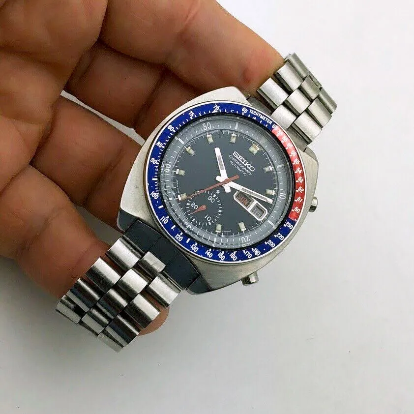 Seiko 6139-6002 Pogue AH001M -0030T Black Dial Automatic Chronograph c. 1974 Steel 41 mm