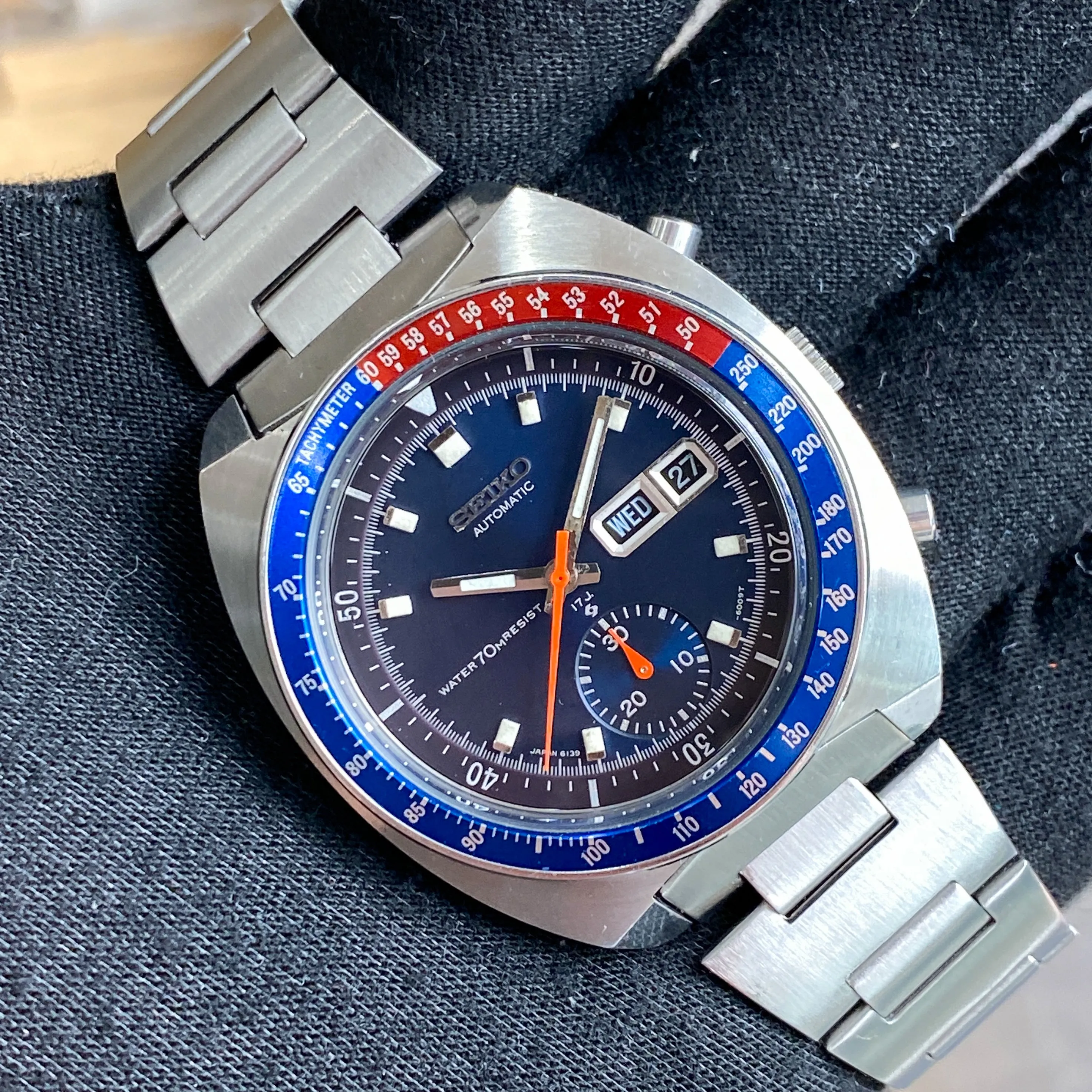 Seiko 6139-6002 Pogue RARE 6139A Water 70M Resist Blue Chronograph c. 1969 Steel 41 mm
