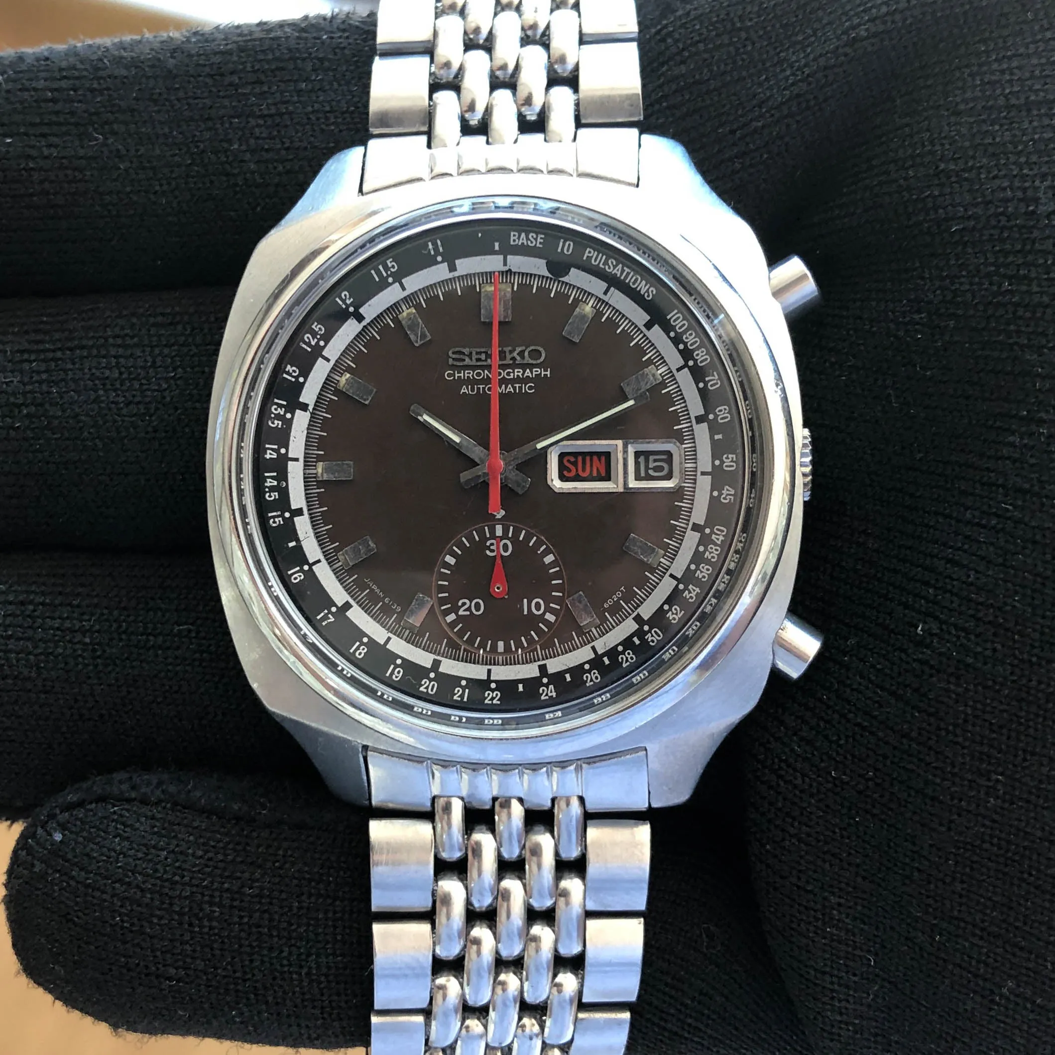 Seiko 6139-6022 Pulsations -6020T Tropical Black Automatic Chronograph c. 1972 Steel 40 mm