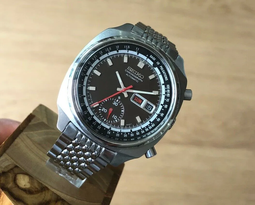 Seiko 6139-6022 Pulsations -6020T Tropical Black Automatic Chronograph c. 1972 Steel 40 mm