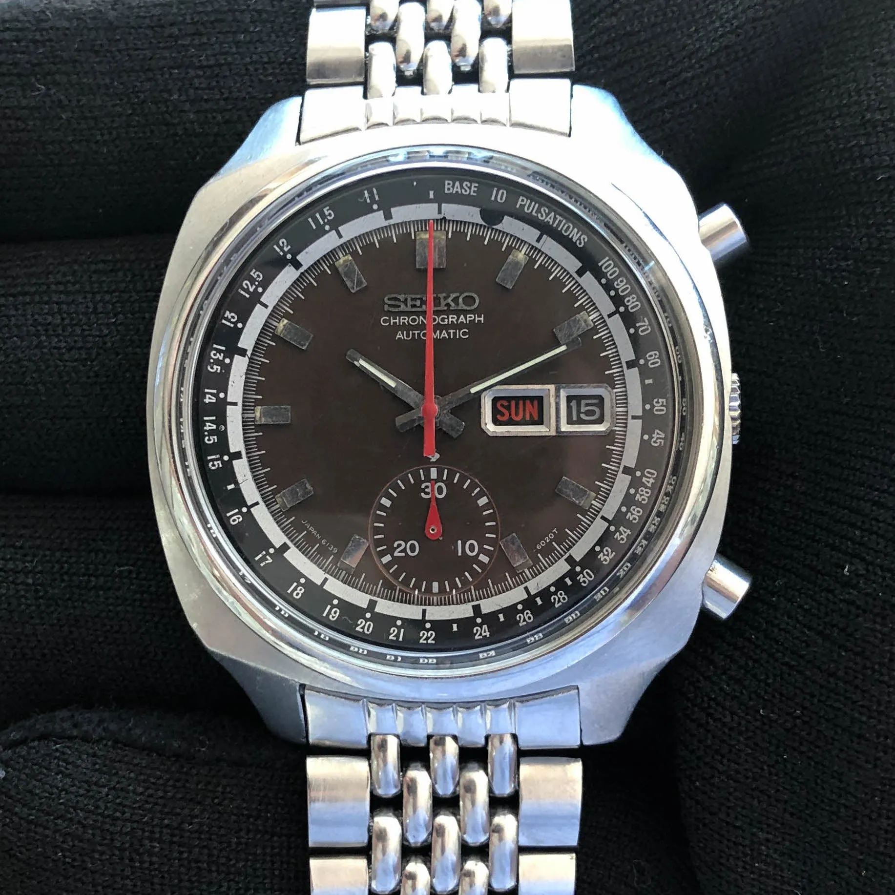 Seiko 6139-6022 Pulsations -6020T Tropical Black Automatic Chronograph c. 1972 Steel 40 mm