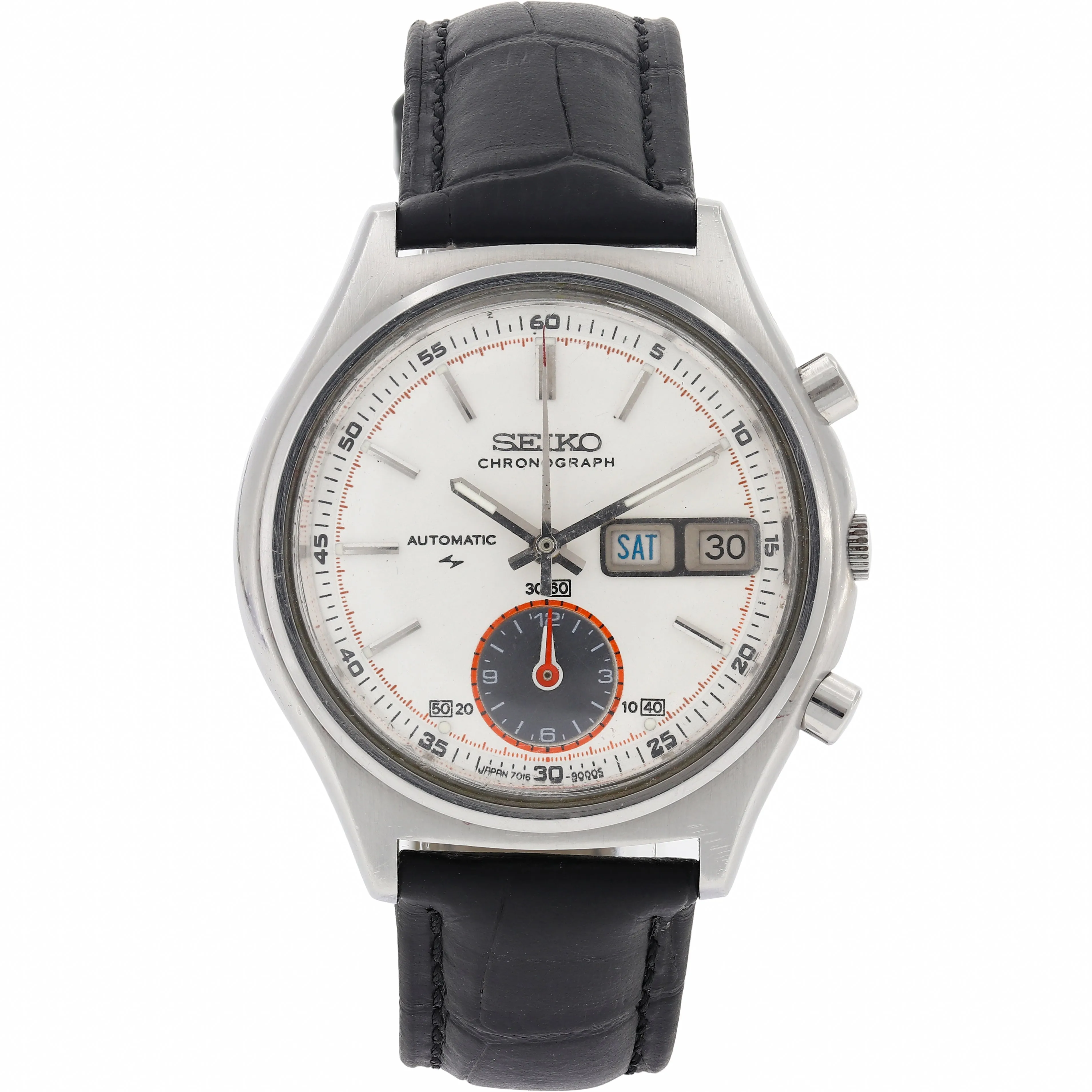 Seiko Flyback 7016-8001 Cal. 7016A Silver White Rare Chronograph c. 1974 Steel 38 mm