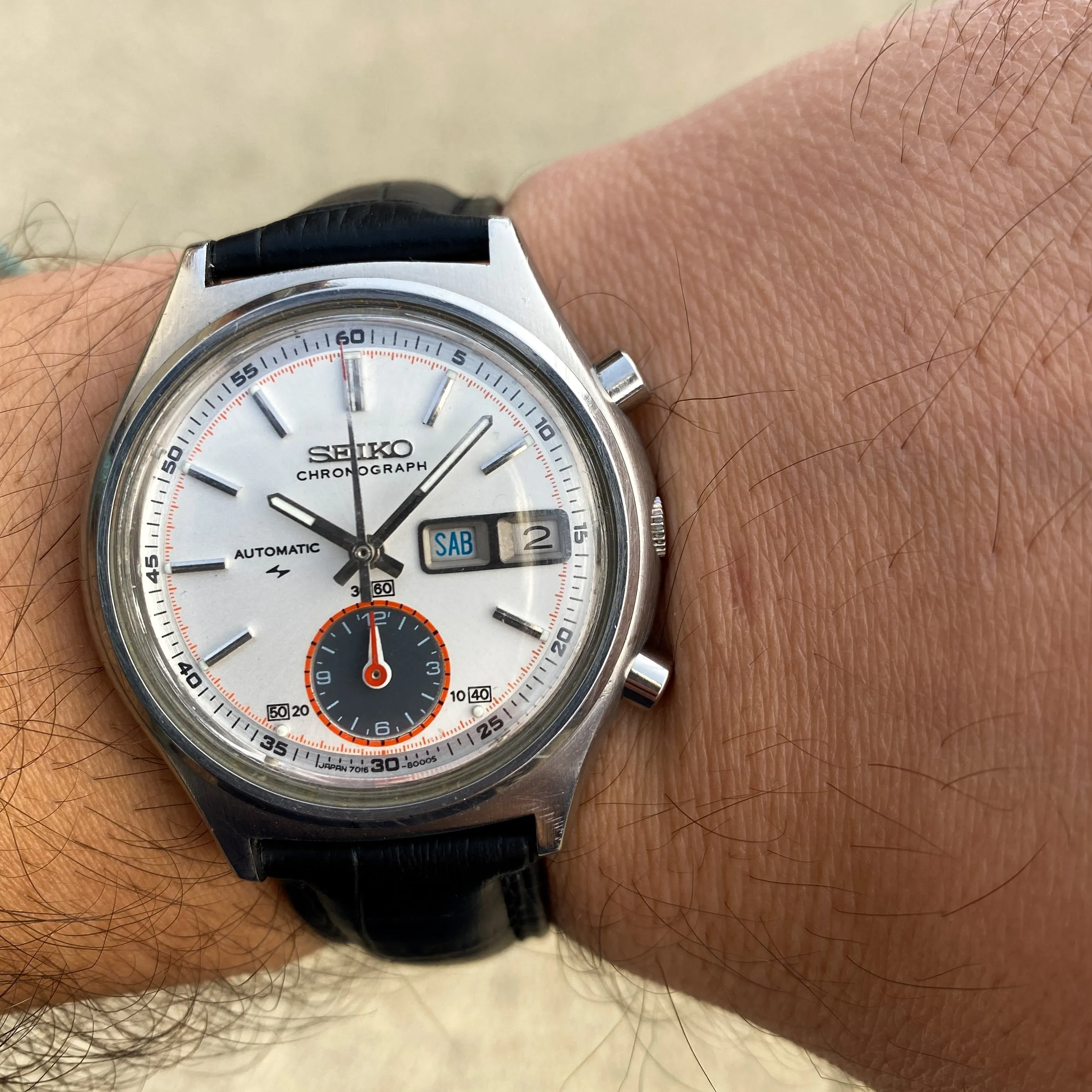 Seiko Flyback 7016-8001 Cal. 7016A Silver White Rare Chronograph c. 1974 Steel 38 mm