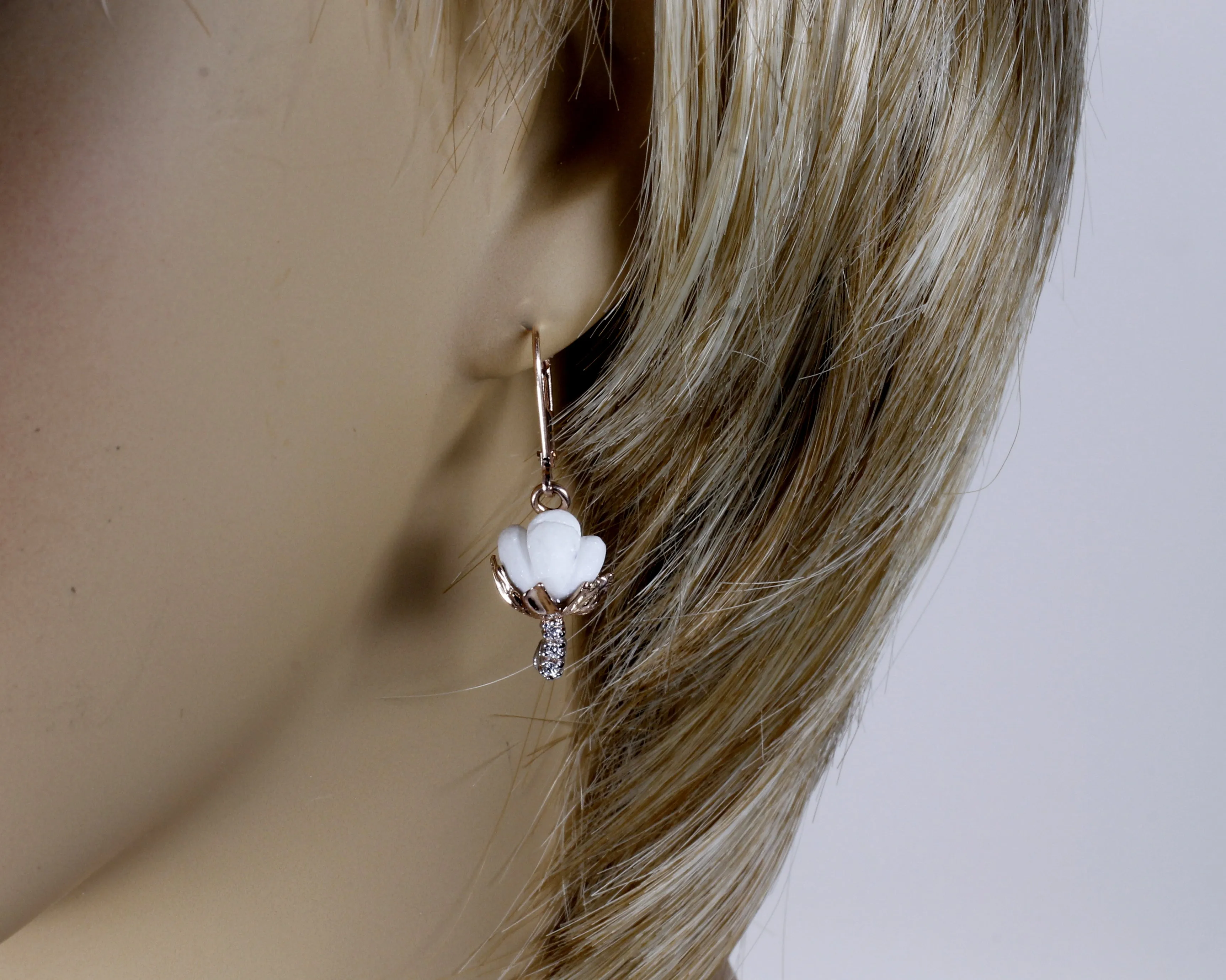 Set of Rose Gold Cotton Boll Necklace and Earrings with Diamond Stems