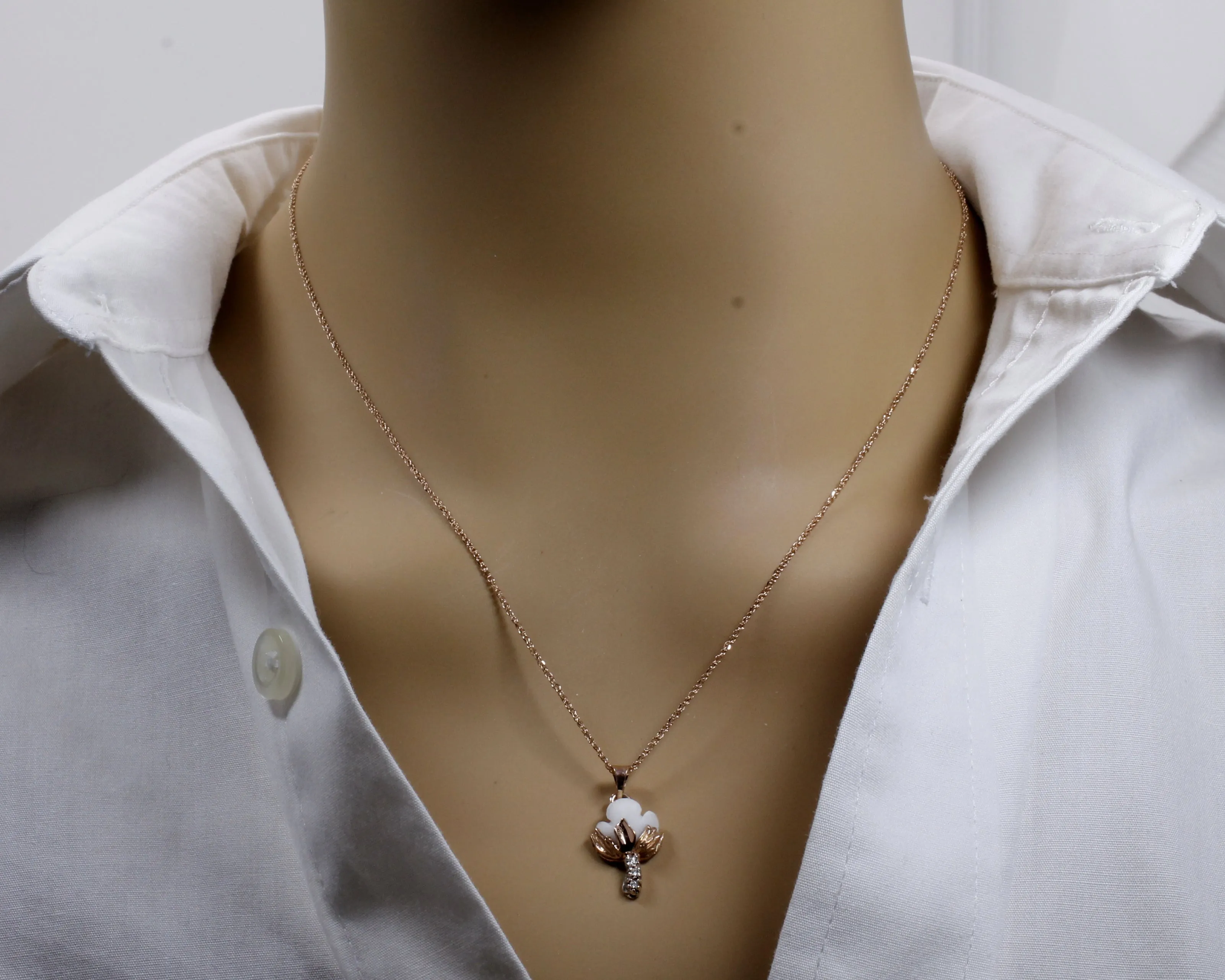 Set of Rose Gold Cotton Boll Necklace and Earrings with Diamond Stems