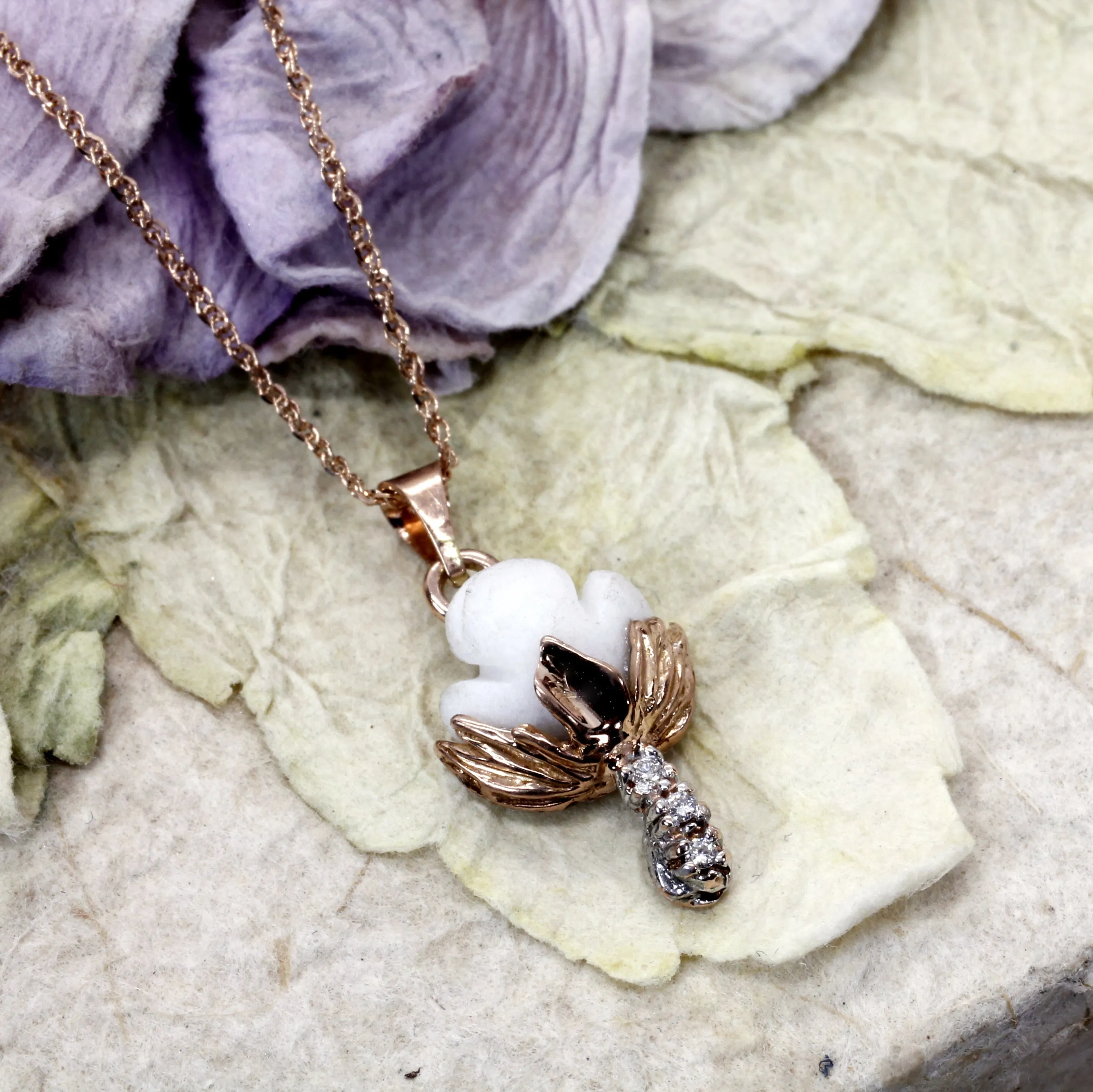 Set of Rose Gold Cotton Boll Necklace and Earrings with Diamond Stems