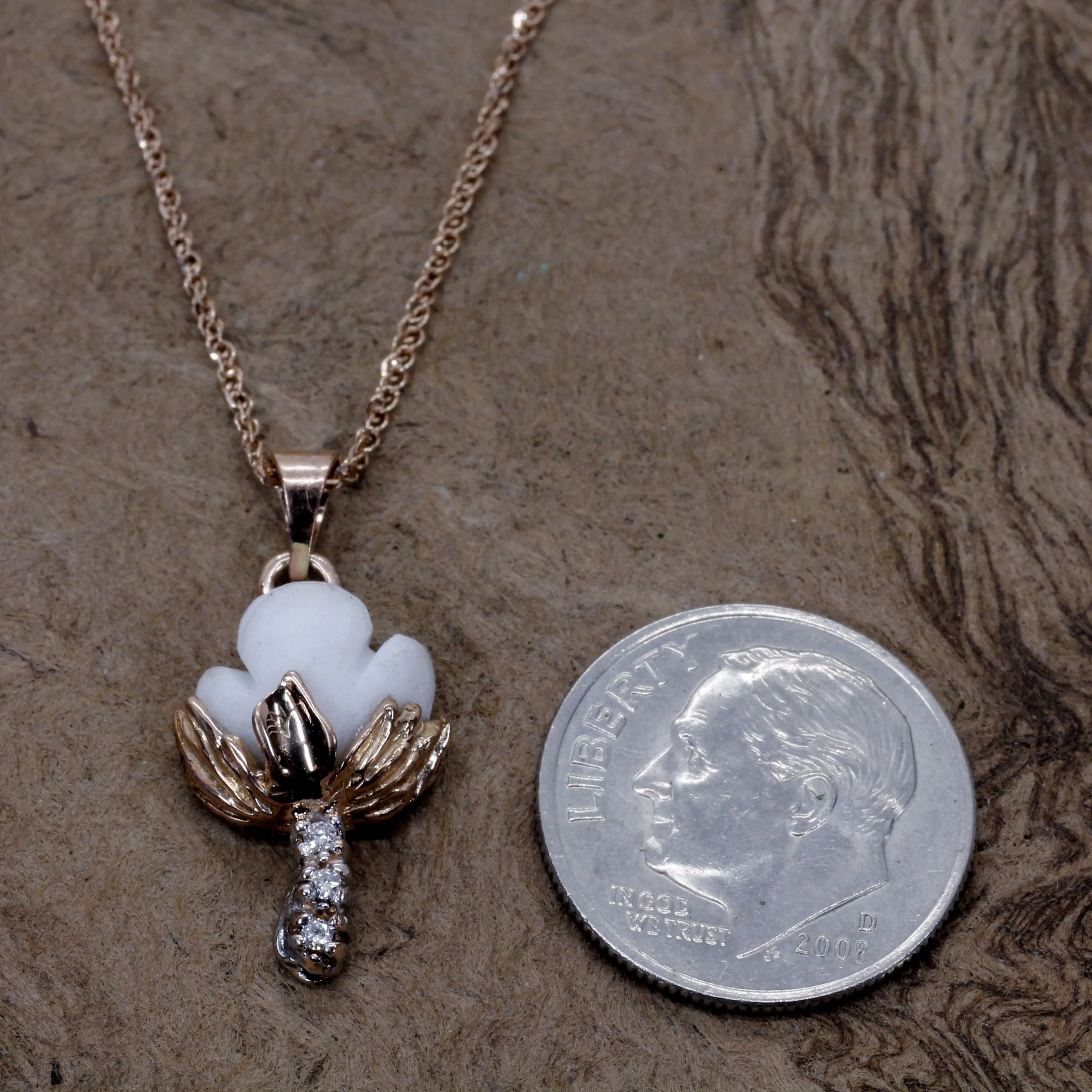 Set of Rose Gold Cotton Boll Necklace and Earrings with Diamond Stems