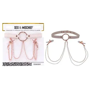 Sex & Mischief Peaches n CreaMe Collar with Nipple Clamps - Peach Nipple Restraints