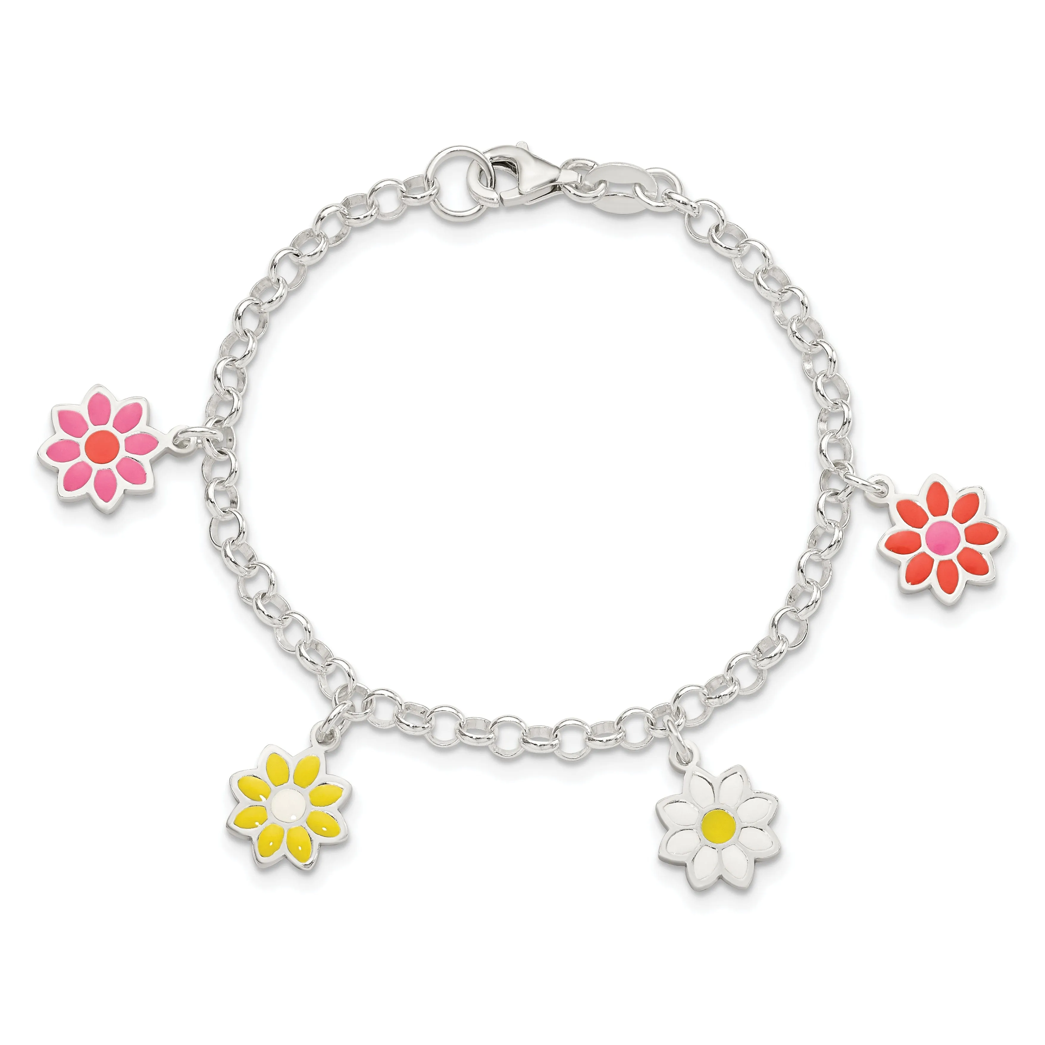 Silver Polished Enamel Dangle Flowers Bracelet