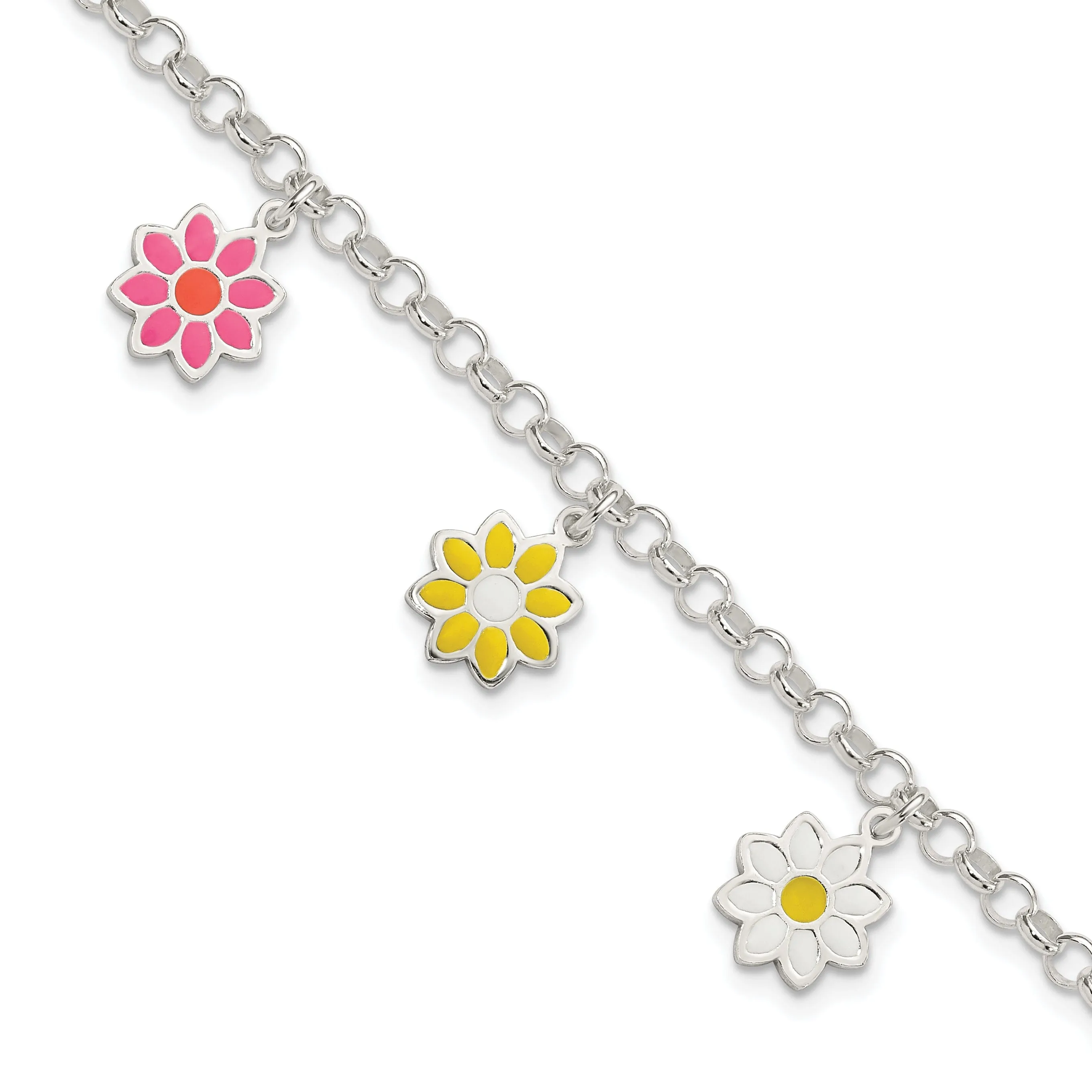 Silver Polished Enamel Dangle Flowers Bracelet
