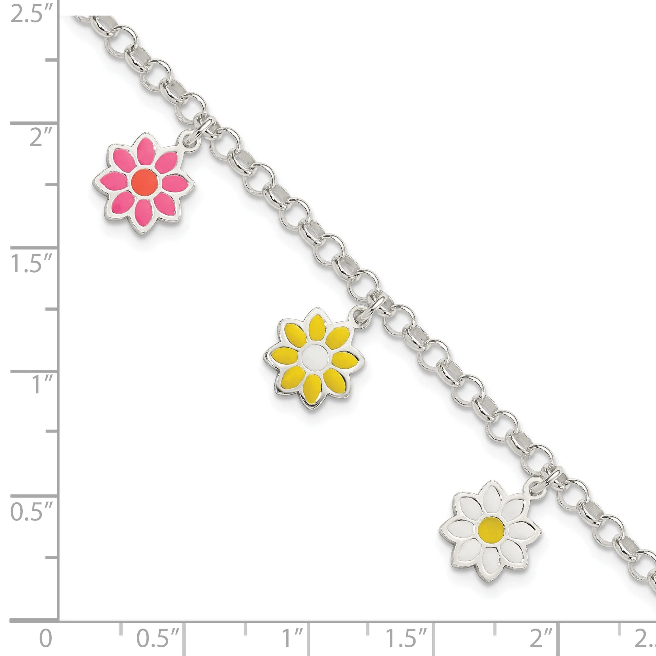Silver Polished Enamel Dangle Flowers Bracelet