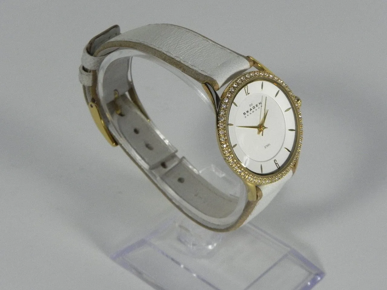 Skagen Women's Jeweled Goldtone Watch with White Leather Band