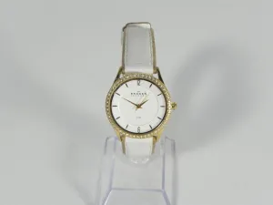Skagen Women's Jeweled Goldtone Watch with White Leather Band