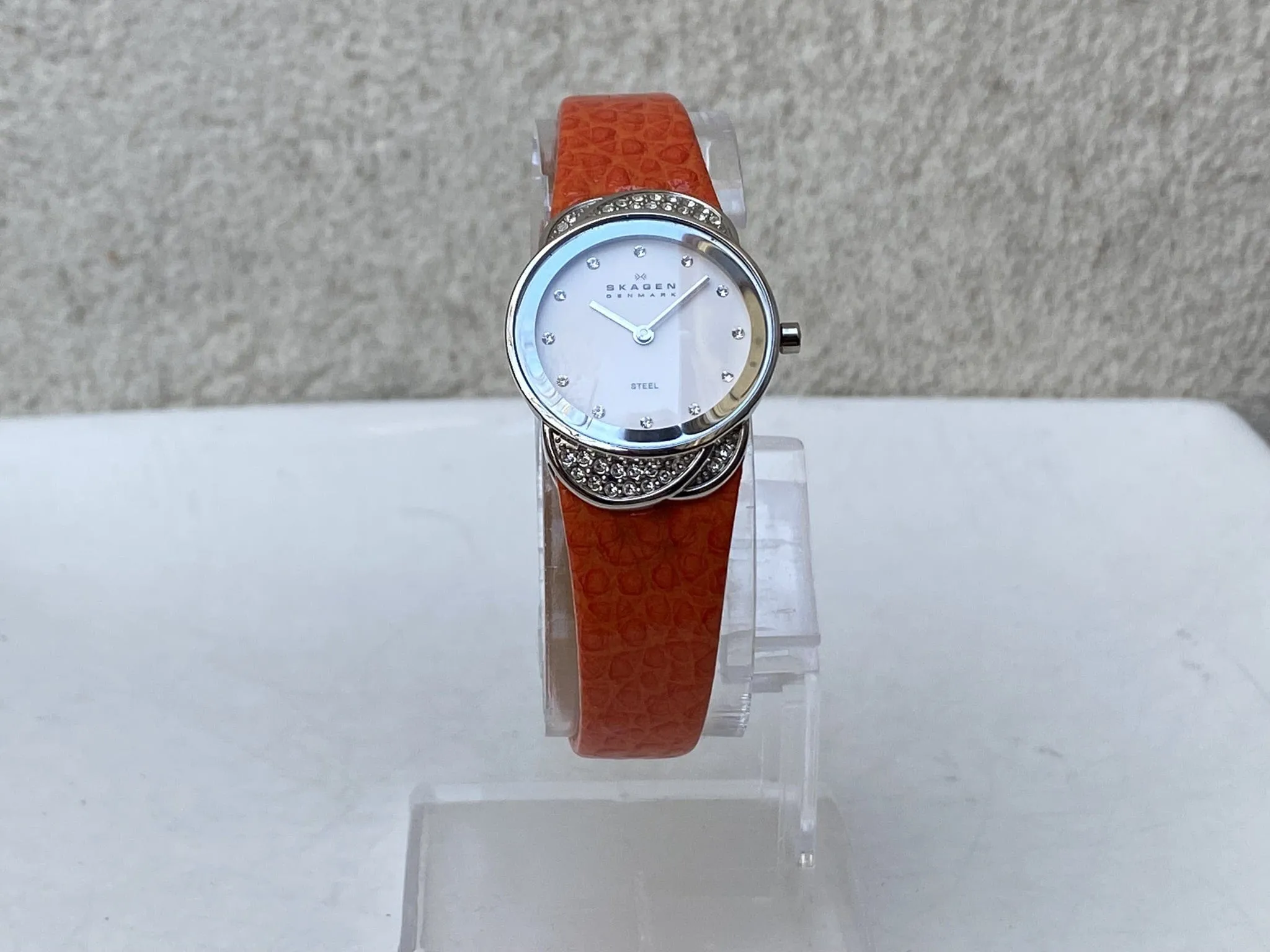 Skagen Women's Jeweled Silvertone Watch with Orange Leather Band