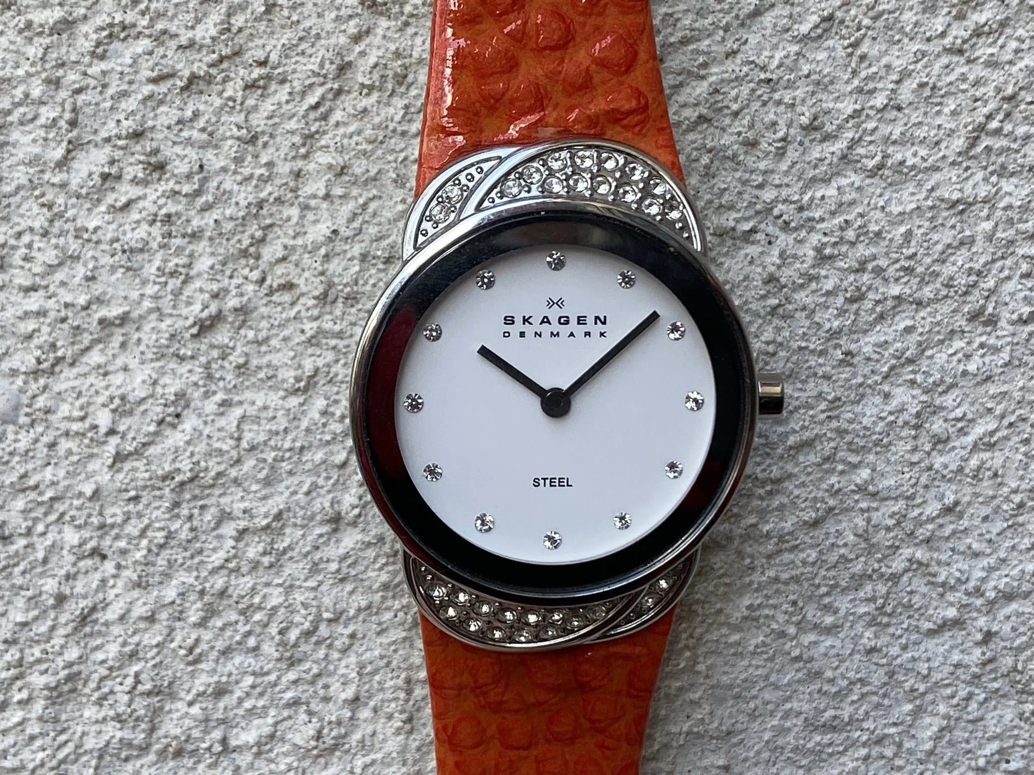 Skagen Women's Jeweled Silvertone Watch with Orange Leather Band
