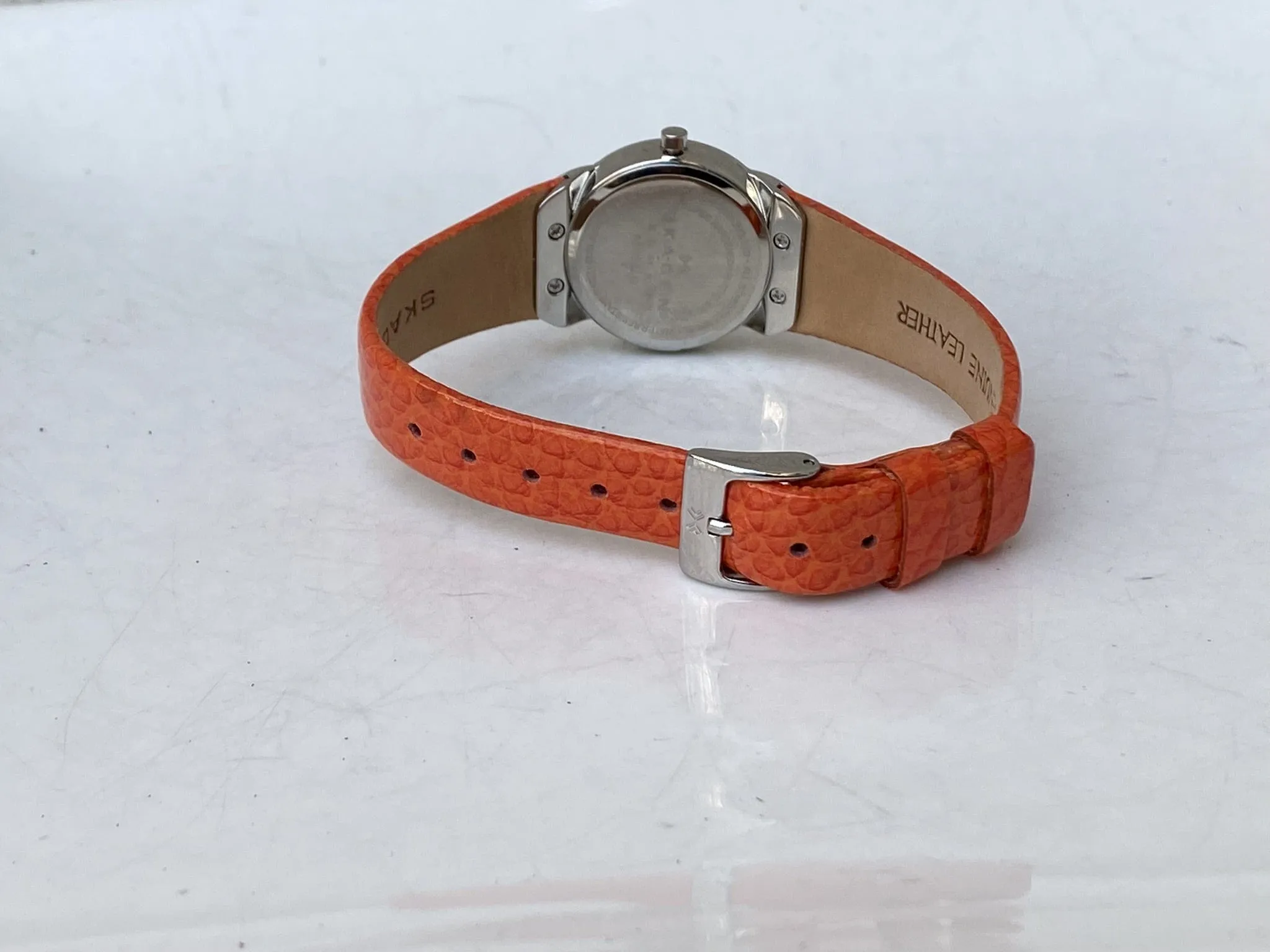 Skagen Women's Jeweled Silvertone Watch with Orange Leather Band
