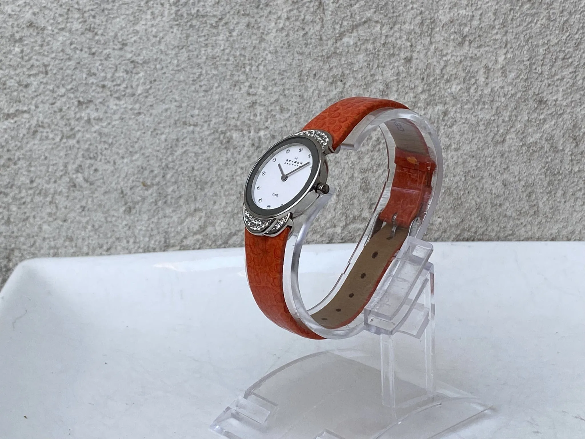 Skagen Women's Jeweled Silvertone Watch with Orange Leather Band