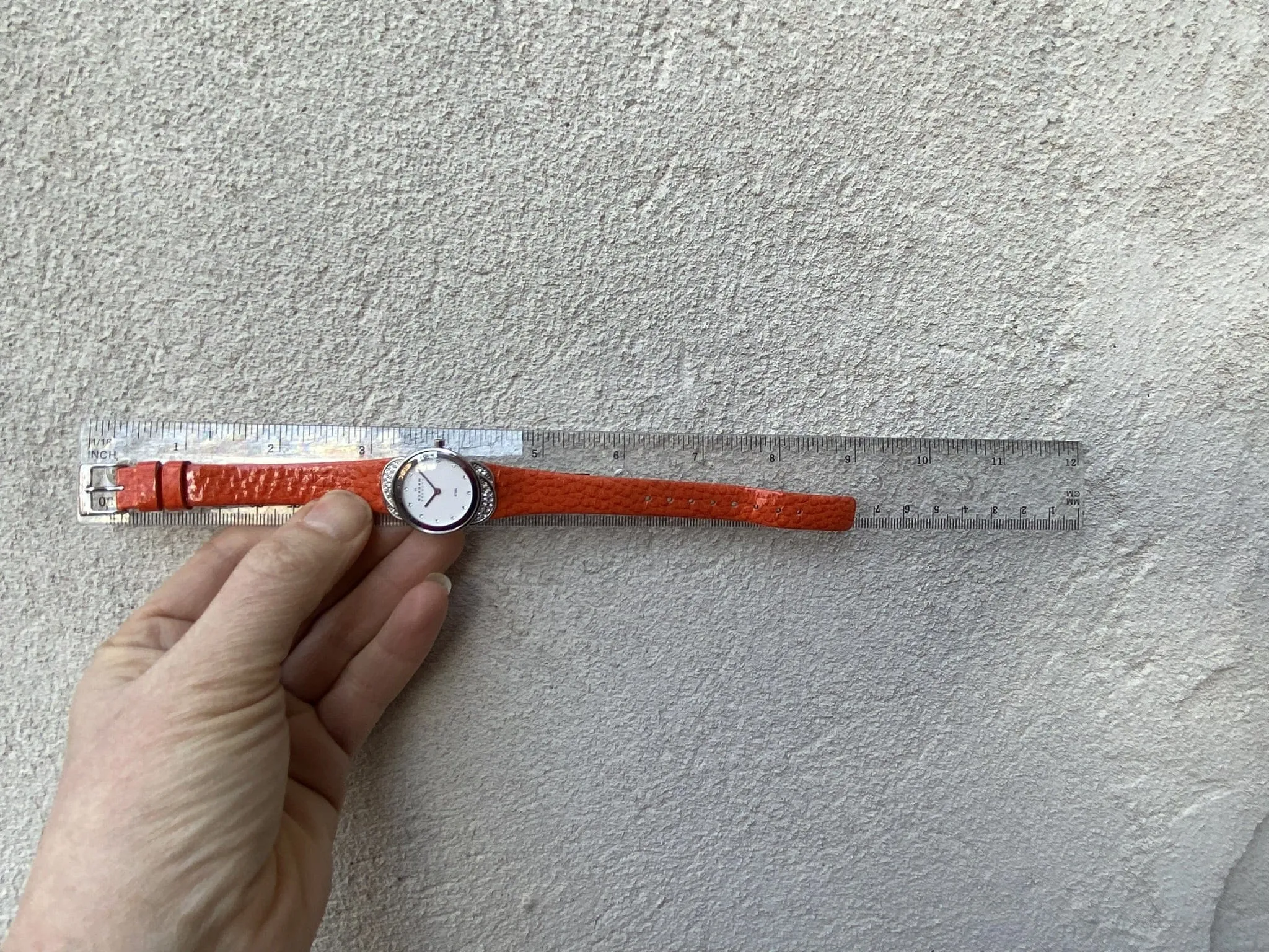 Skagen Women's Jeweled Silvertone Watch with Orange Leather Band
