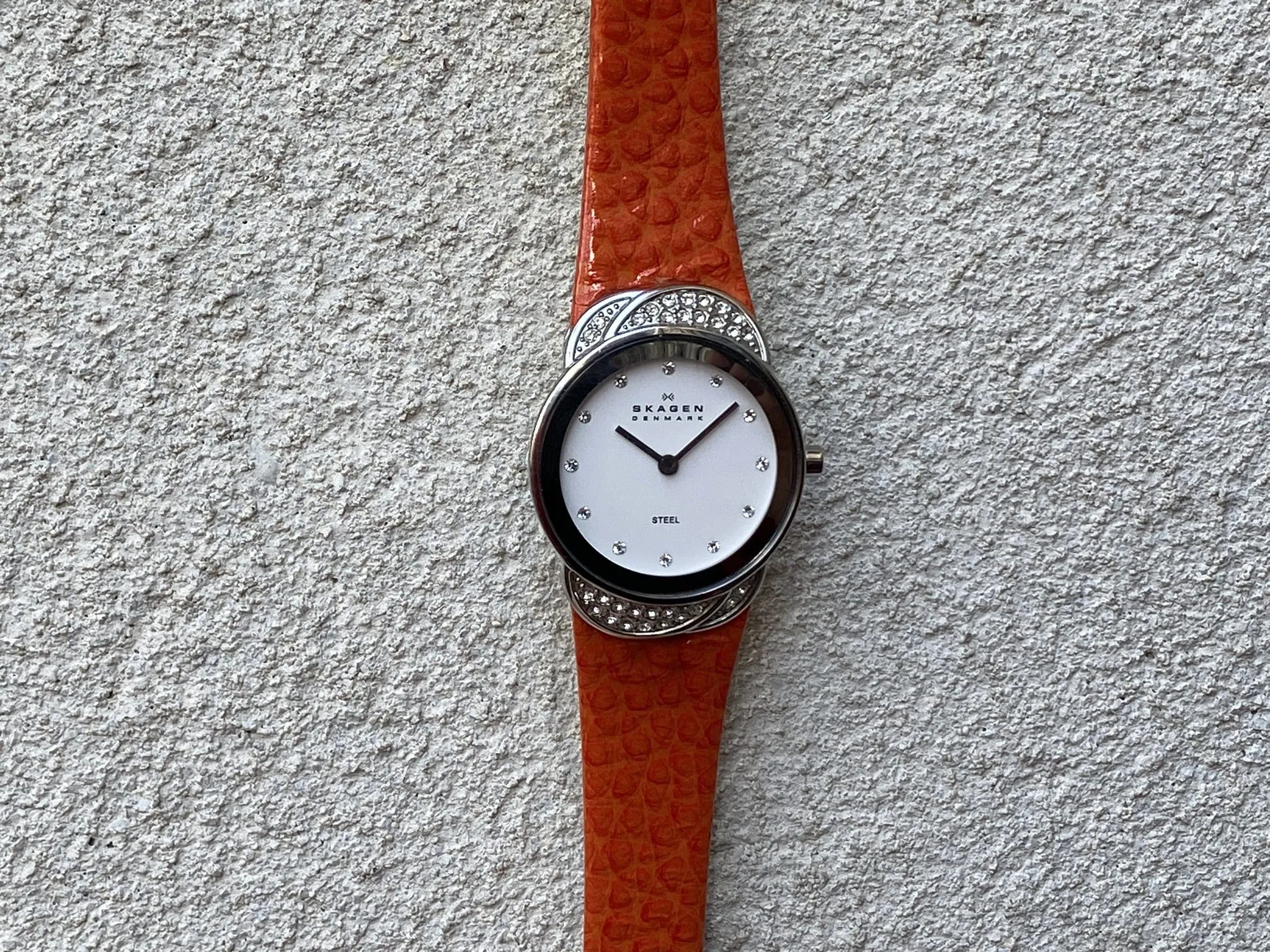 Skagen Women's Jeweled Silvertone Watch with Orange Leather Band