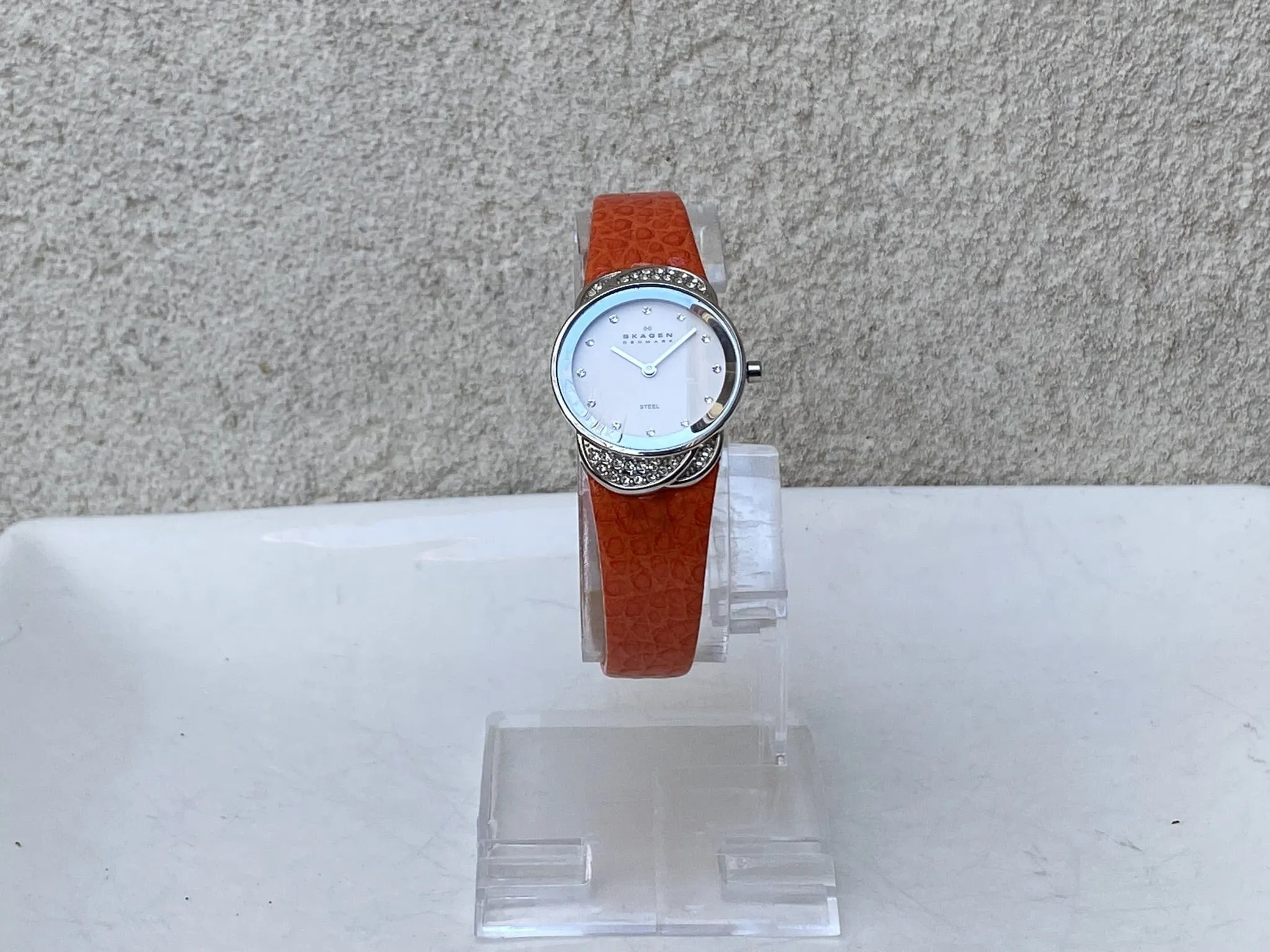 Skagen Women's Jeweled Silvertone Watch with Orange Leather Band