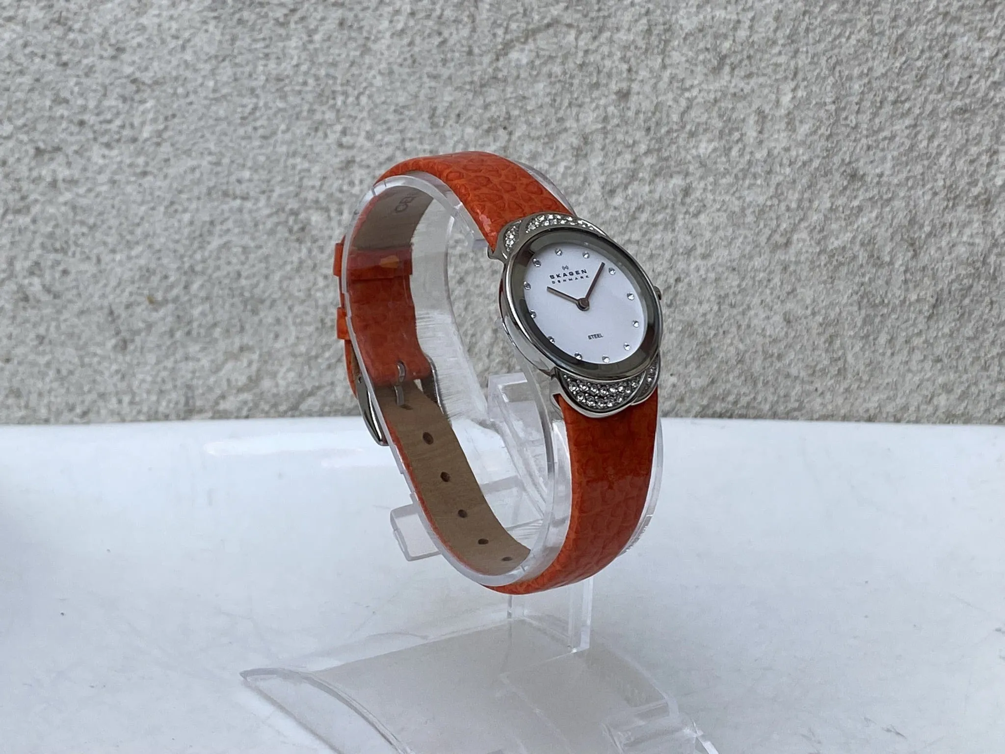 Skagen Women's Jeweled Silvertone Watch with Orange Leather Band