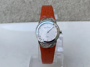 Skagen Women's Jeweled Silvertone Watch with Orange Leather Band