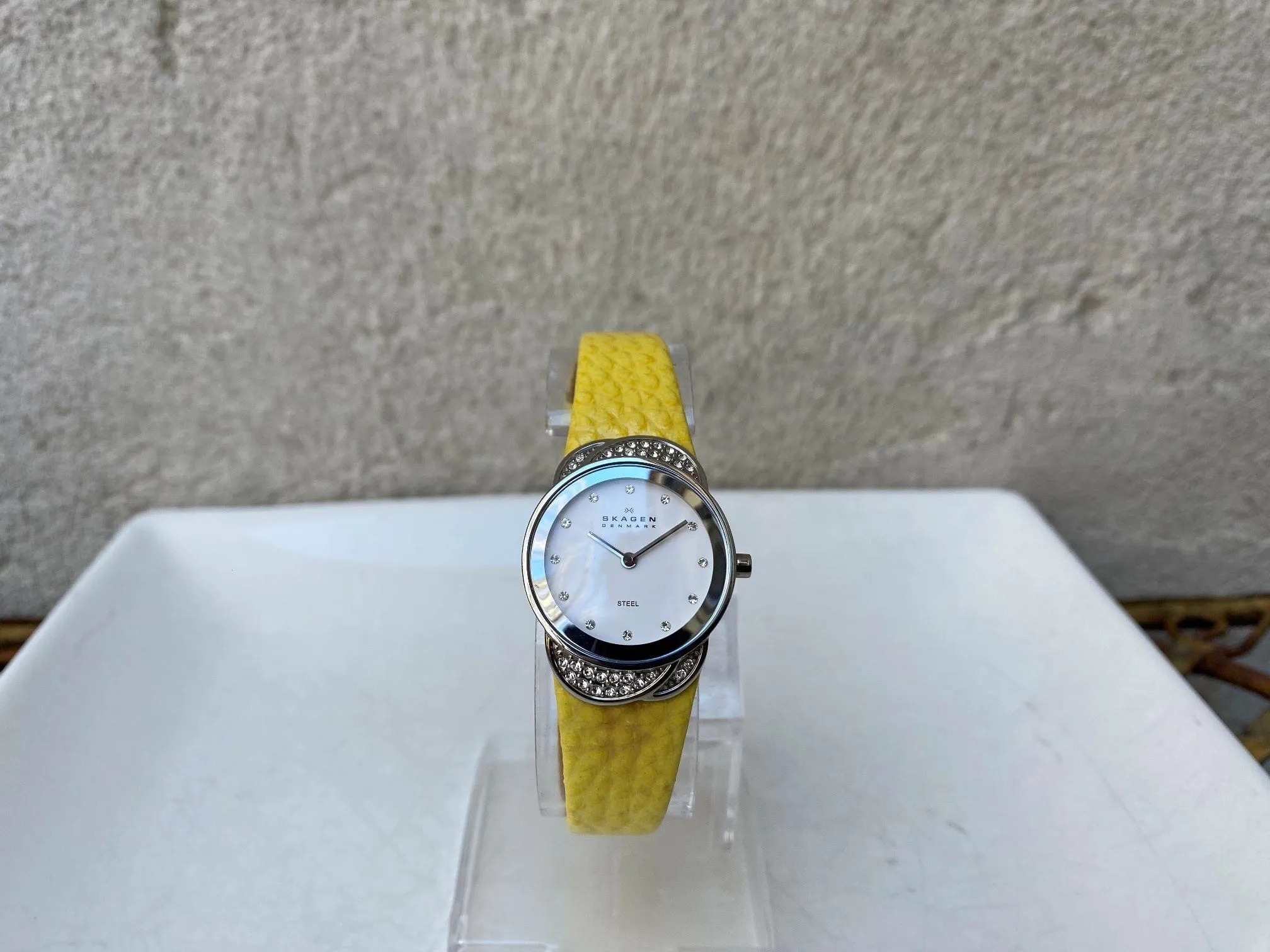 Skagen Women's Jeweled Silvertone Watch with Yellow Leather Band