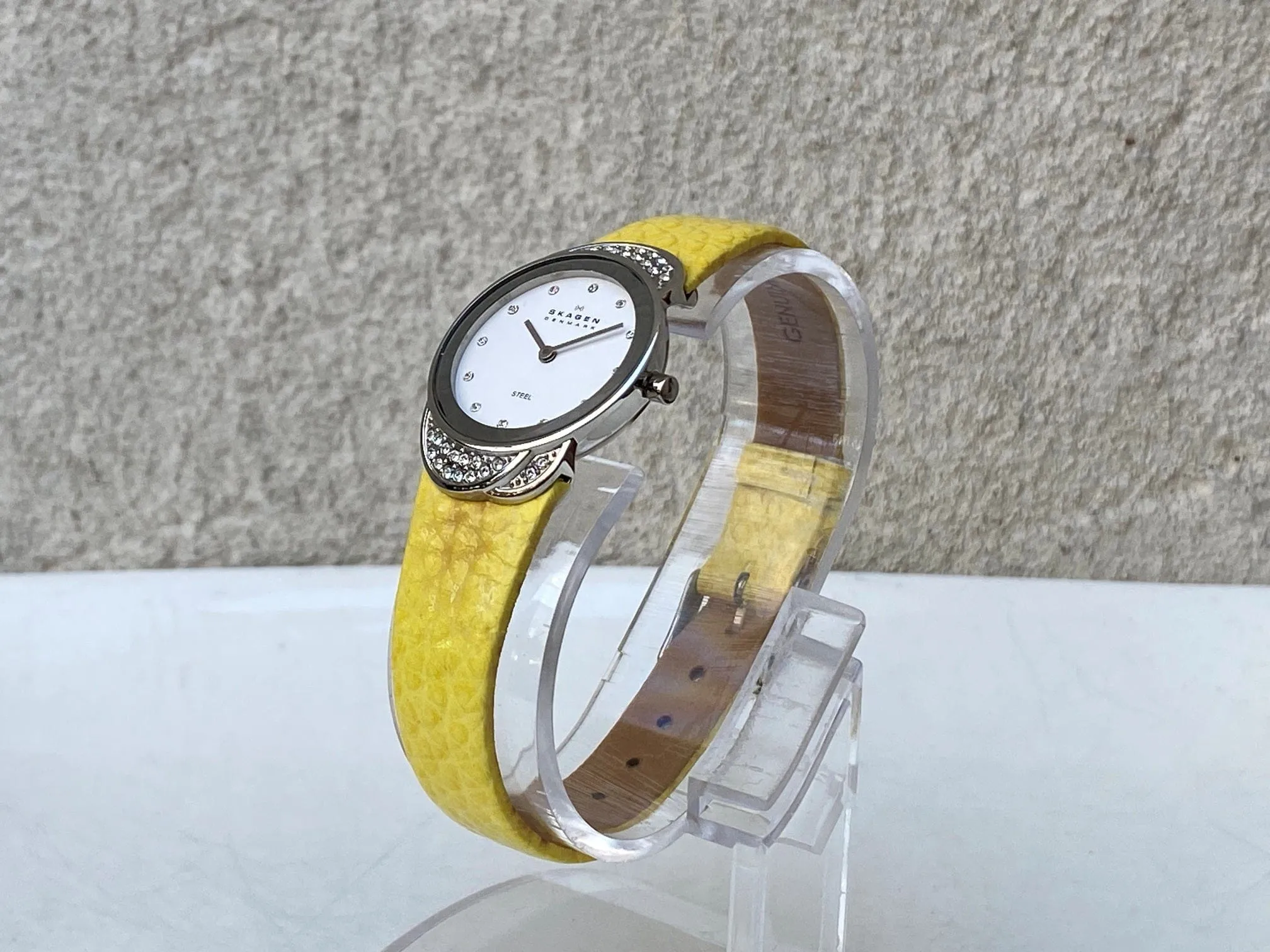 Skagen Women's Jeweled Silvertone Watch with Yellow Leather Band