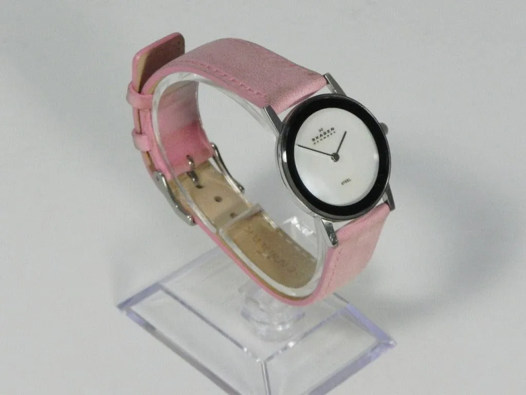 Skagen Women's Round Stainless Steel Mother of Pearl Watch, Leather Band in Light Pink