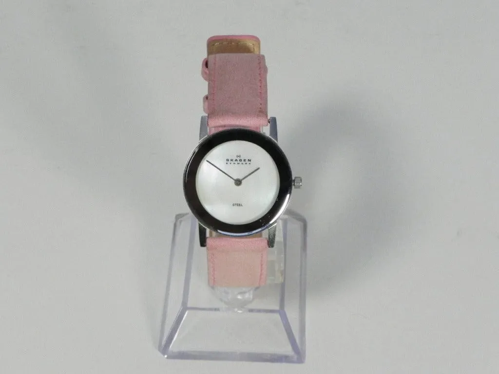 Skagen Women's Round Stainless Steel Mother of Pearl Watch, Leather Band in Light Pink