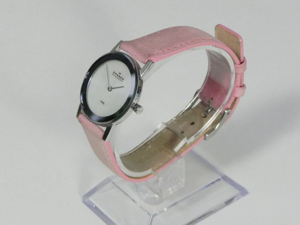 Skagen Women's Round Stainless Steel Mother of Pearl Watch, Leather Band in Light Pink