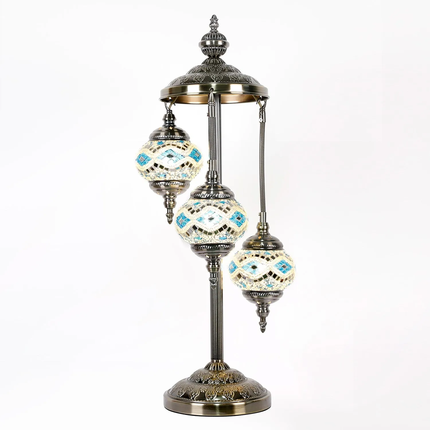 Sky Blue and Silver Three Tier Luxury Turkish Mosaic Lamp