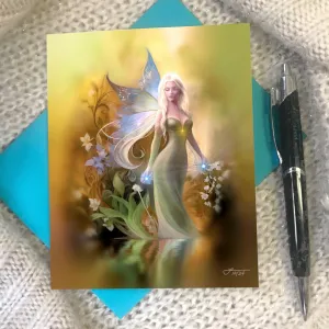 Small Fantasy Art Greeting Card, Fairy Illustration, Artsy Stationary, Birthday Holiday-"Autumn Reflection"