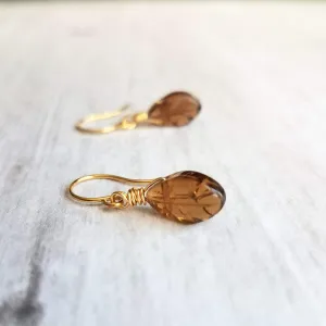 Smoky Brown Glass Leaf Earrings, small gold hooks, wire wrapped leaves, 14K SOLID gold or gold fill hook option, dainty earrings, glass dangle, delicate earring