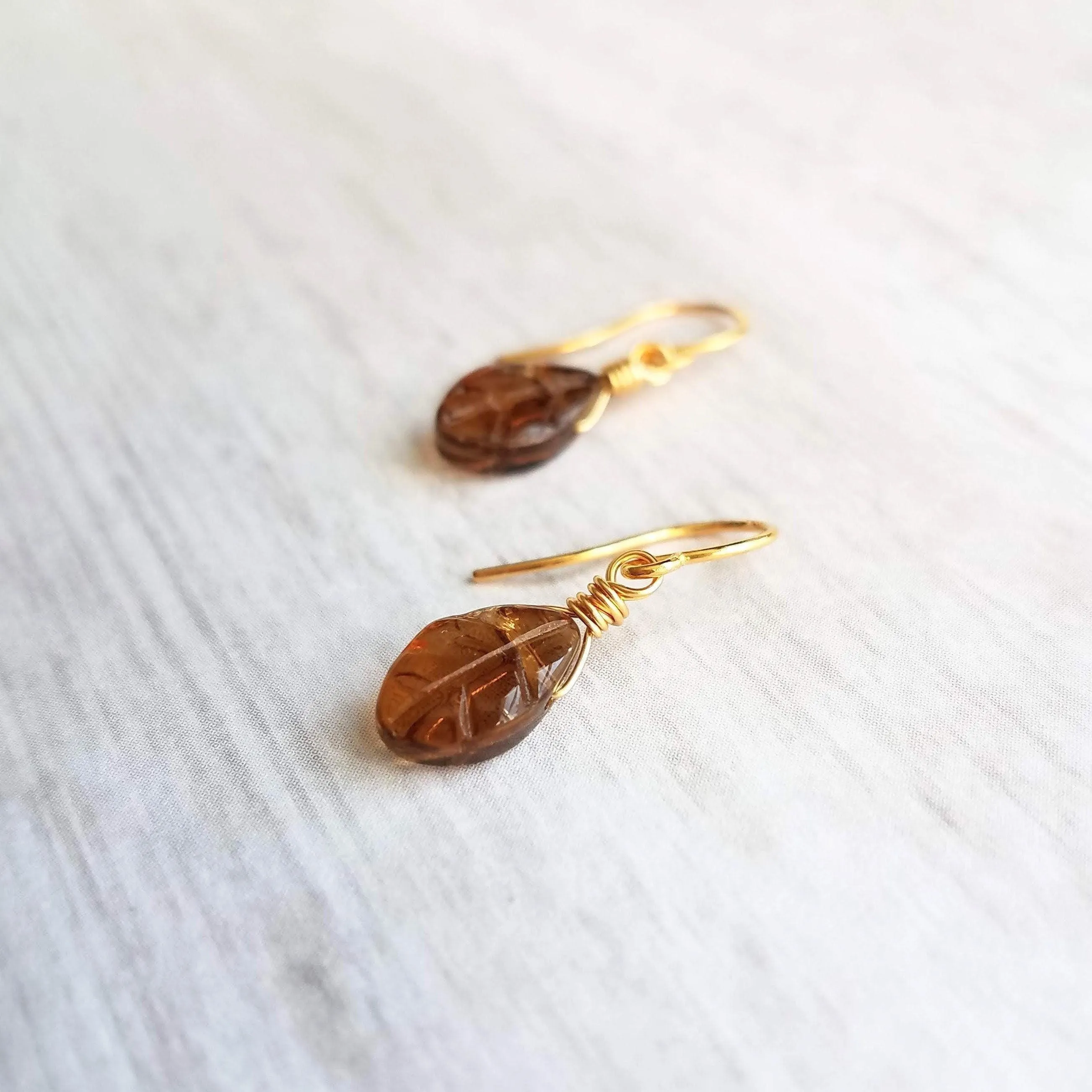 Smoky Brown Glass Leaf Earrings, small gold hooks, wire wrapped leaves, 14K SOLID gold or gold fill hook option, dainty earrings, glass dangle, delicate earring
