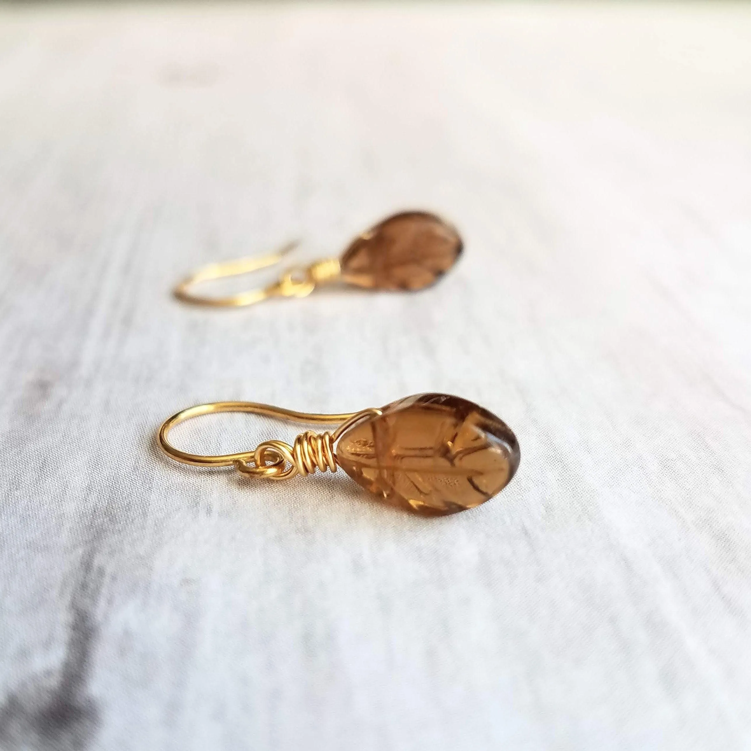 Smoky Brown Glass Leaf Earrings, small gold hooks, wire wrapped leaves, 14K SOLID gold or gold fill hook option, dainty earrings, glass dangle, delicate earring