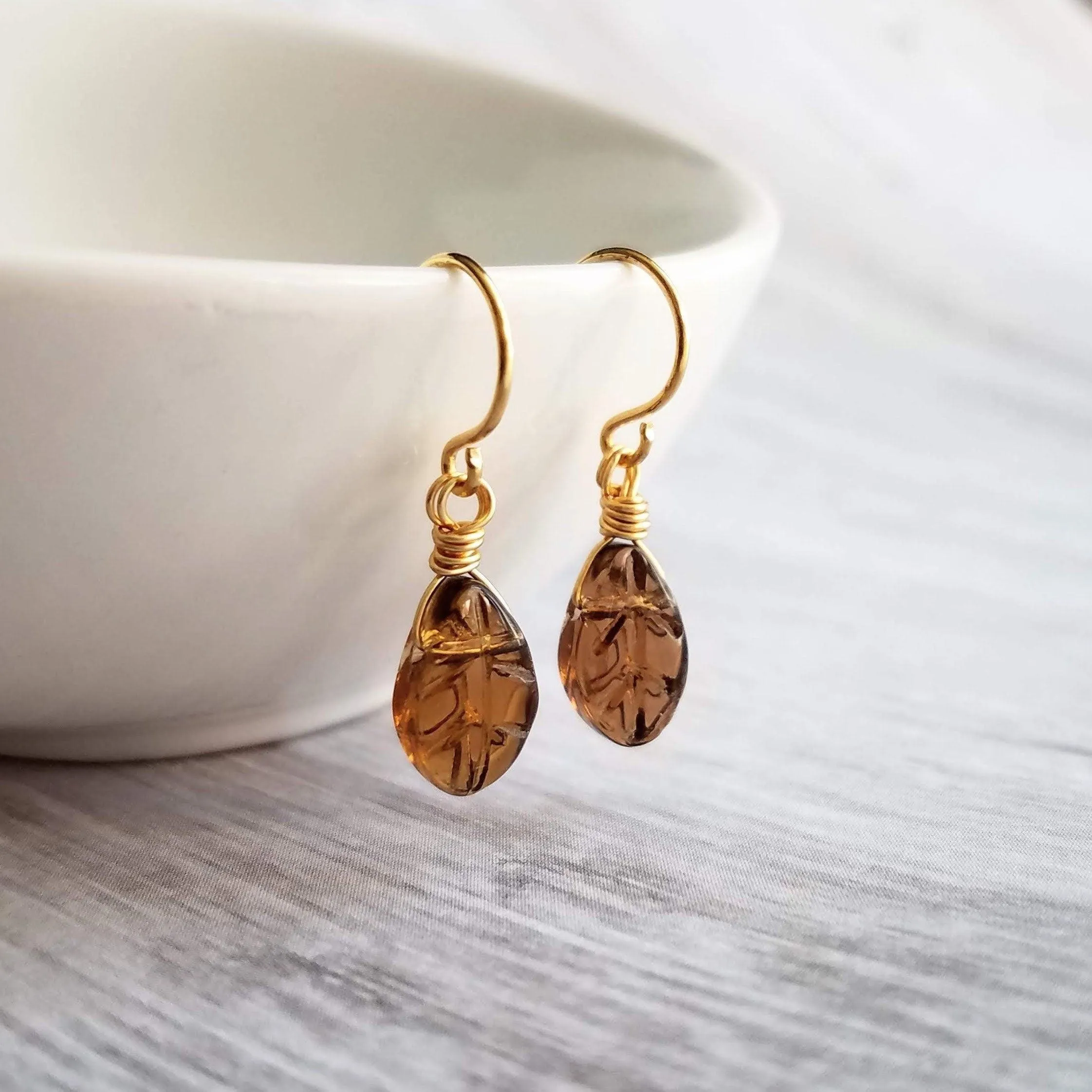 Smoky Brown Glass Leaf Earrings, small gold hooks, wire wrapped leaves, 14K SOLID gold or gold fill hook option, dainty earrings, glass dangle, delicate earring