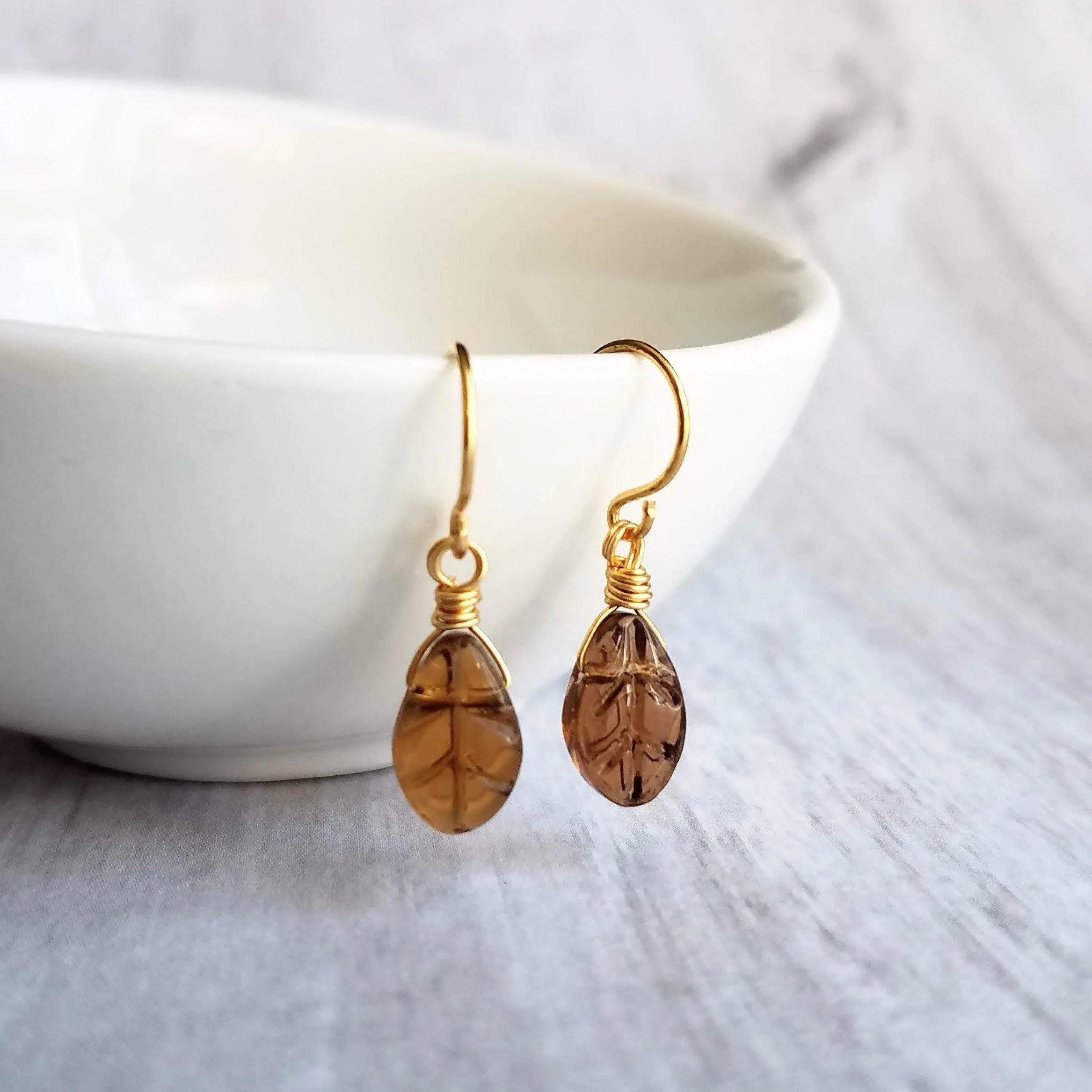 Smoky Brown Glass Leaf Earrings, small gold hooks, wire wrapped leaves, 14K SOLID gold or gold fill hook option, dainty earrings, glass dangle, delicate earring