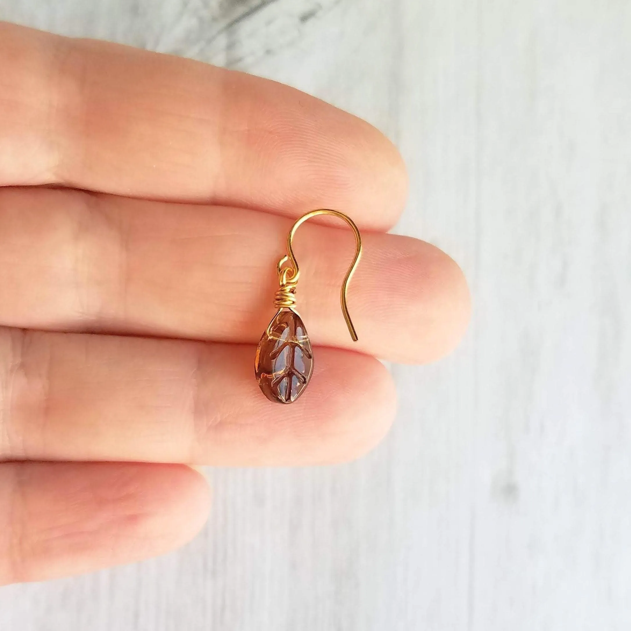 Smoky Brown Glass Leaf Earrings, small gold hooks, wire wrapped leaves, 14K SOLID gold or gold fill hook option, dainty earrings, glass dangle, delicate earring