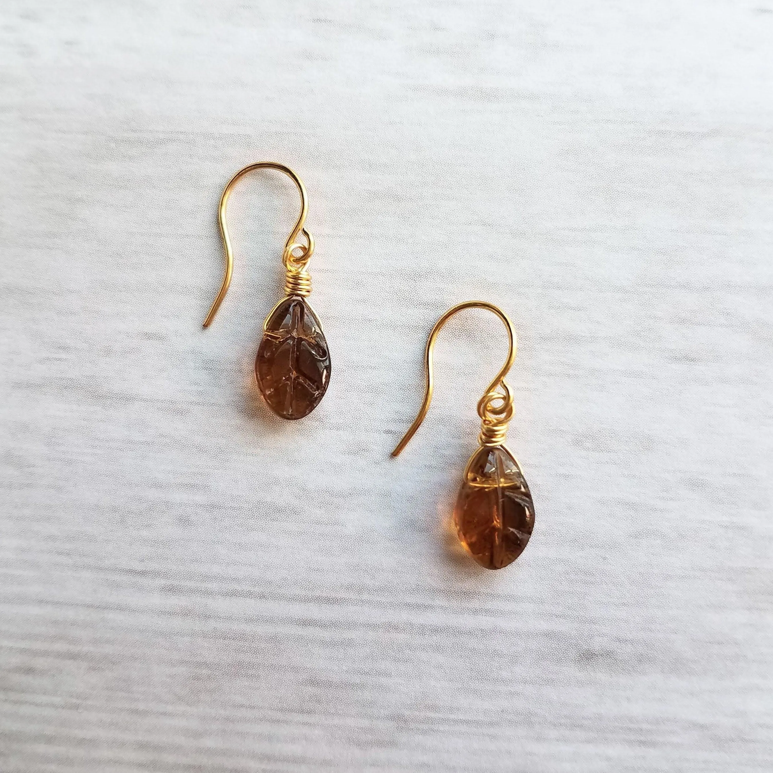 Smoky Brown Glass Leaf Earrings, small gold hooks, wire wrapped leaves, 14K SOLID gold or gold fill hook option, dainty earrings, glass dangle, delicate earring
