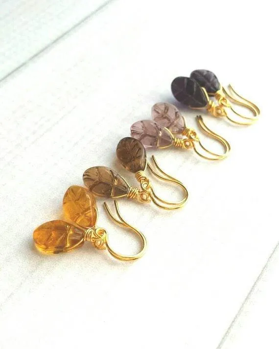 Smoky Brown Glass Leaf Earrings, small gold hooks, wire wrapped leaves, 14K SOLID gold or gold fill hook option, dainty earrings, glass dangle, delicate earring