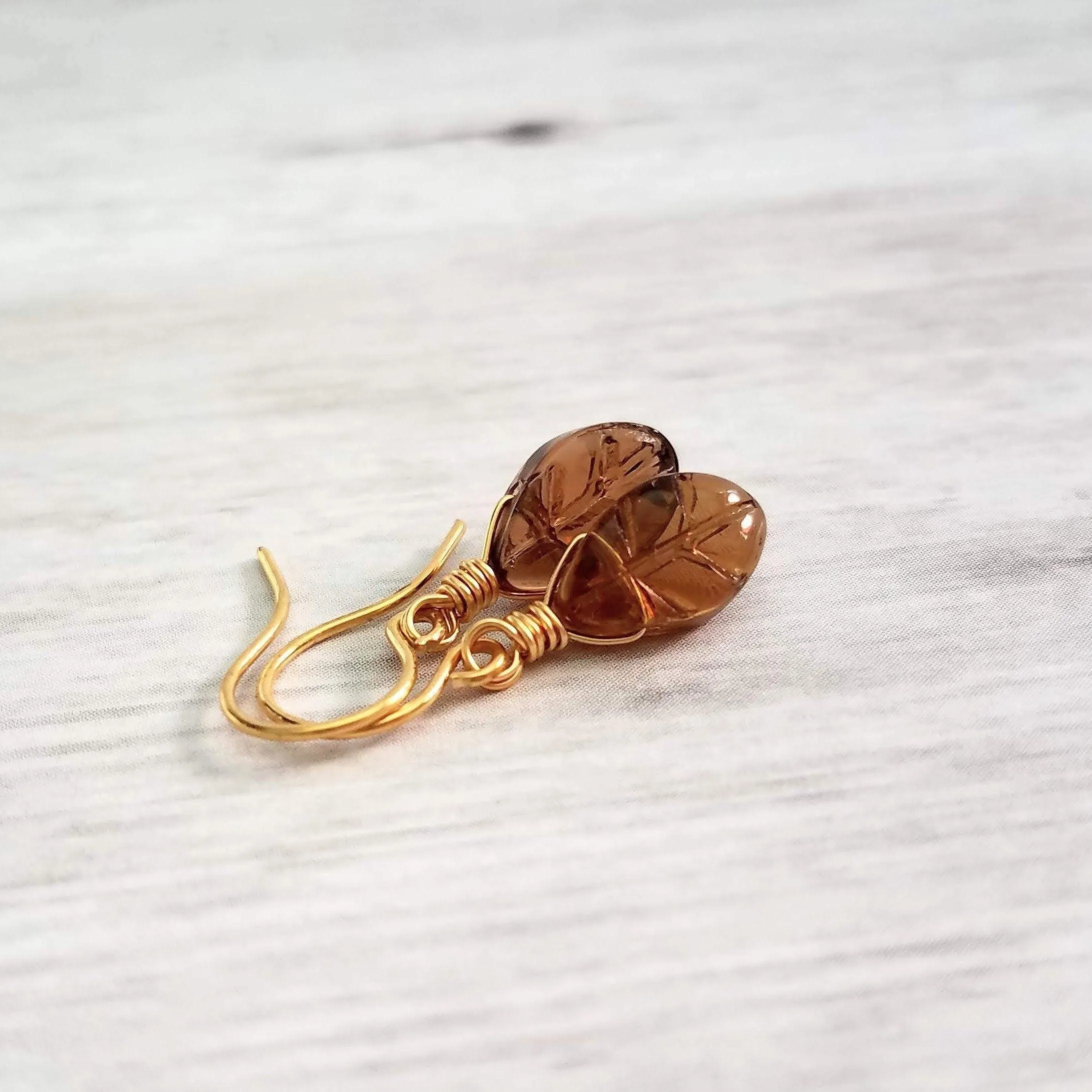 Smoky Brown Glass Leaf Earrings, small gold hooks, wire wrapped leaves, 14K SOLID gold or gold fill hook option, dainty earrings, glass dangle, delicate earring