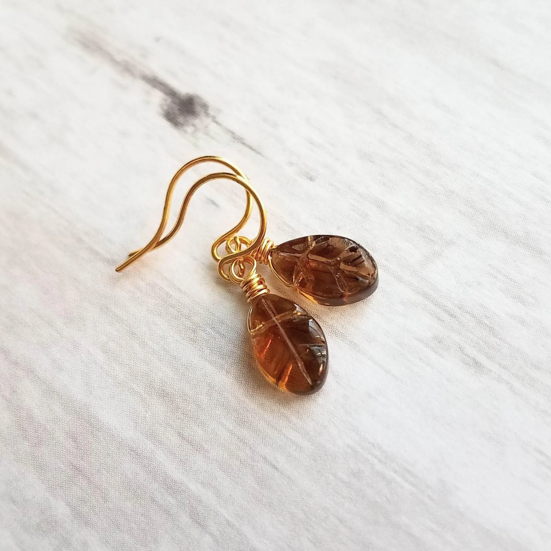 Smoky Brown Glass Leaf Earrings, small gold hooks, wire wrapped leaves, 14K SOLID gold or gold fill hook option, dainty earrings, glass dangle, delicate earring