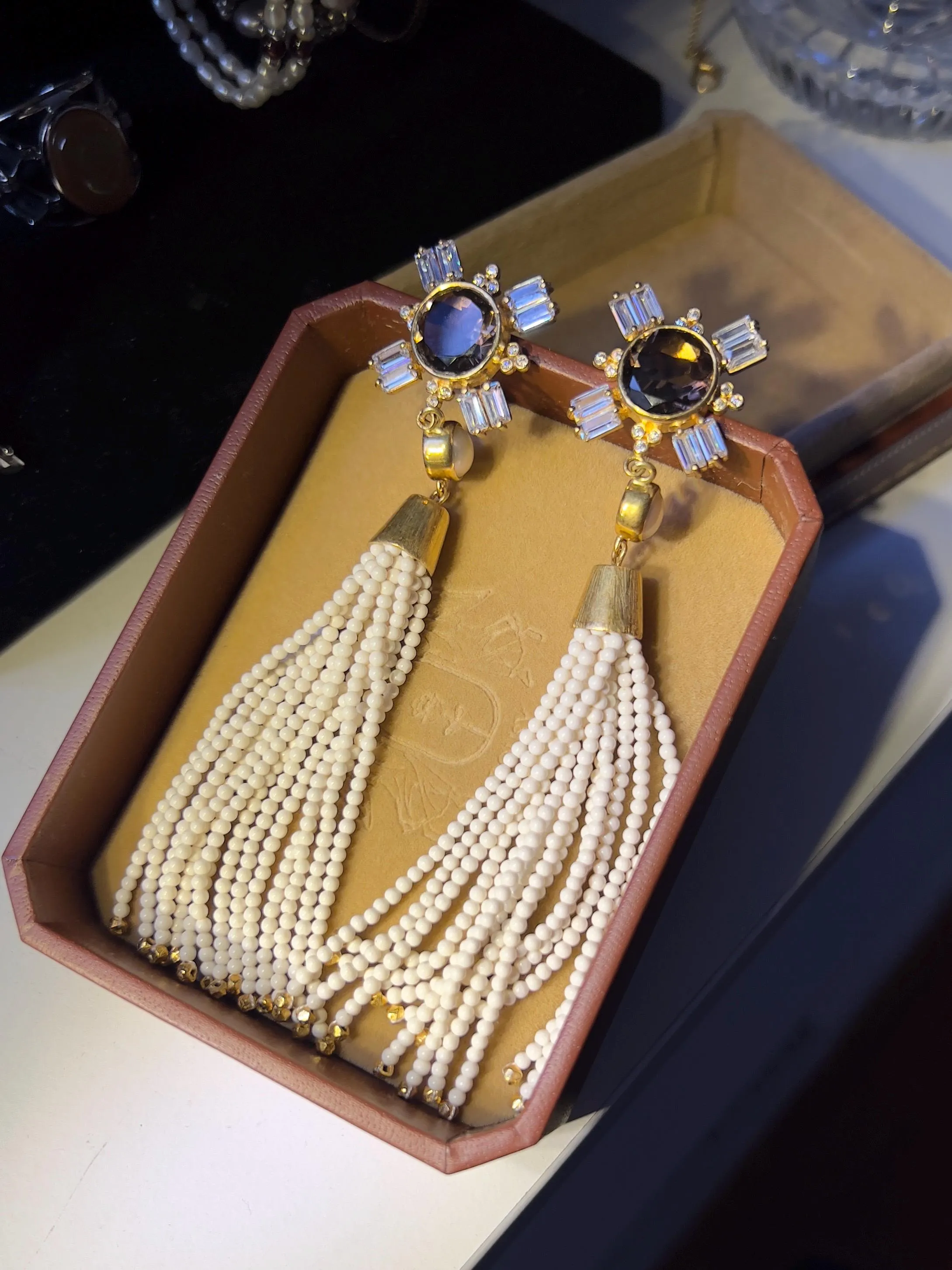 Smoky Quartz and Pearl with White Coral Beads Tassel 18k Gold Earrings