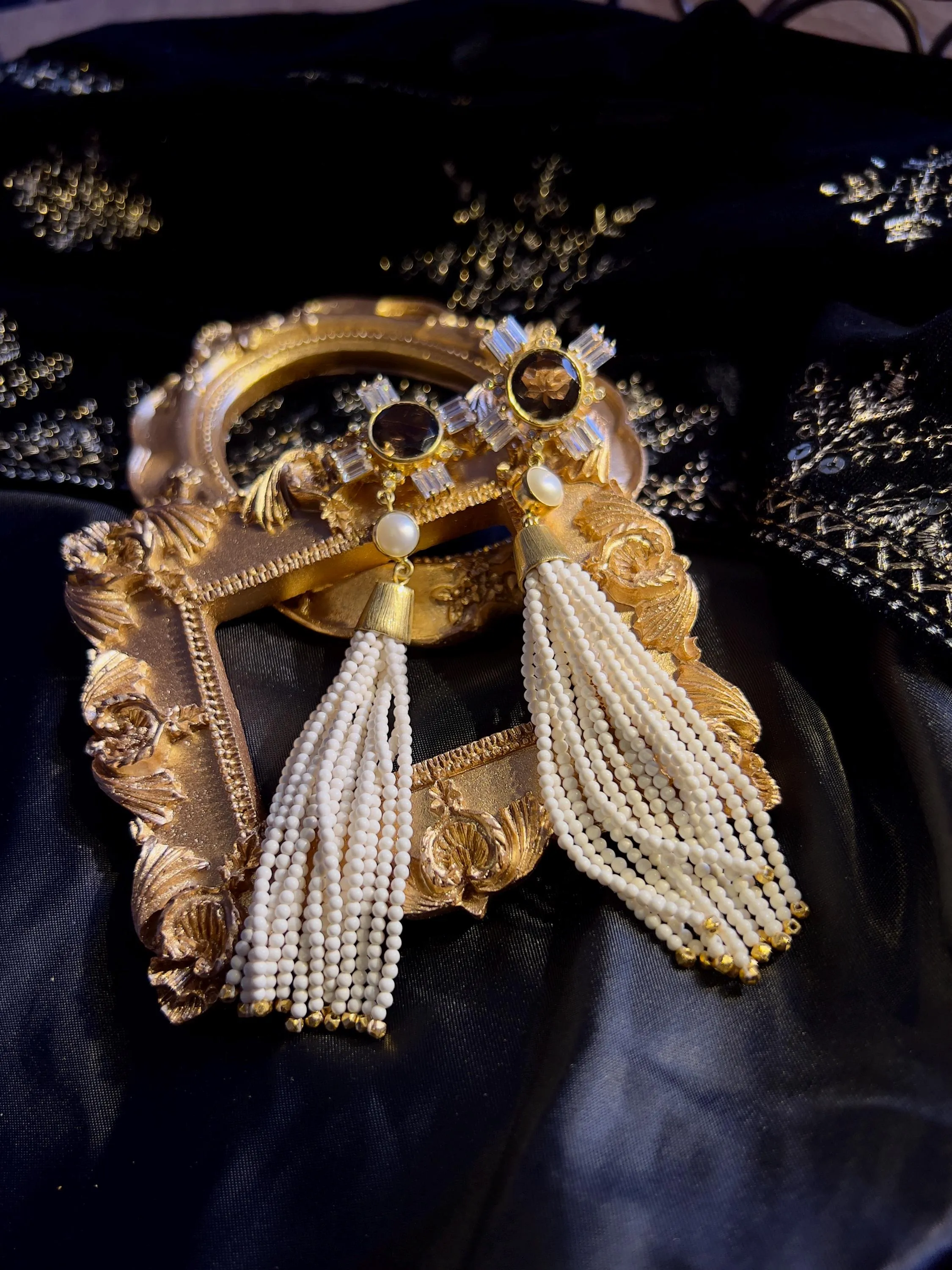 Smoky Quartz and Pearl with White Coral Beads Tassel 18k Gold Earrings