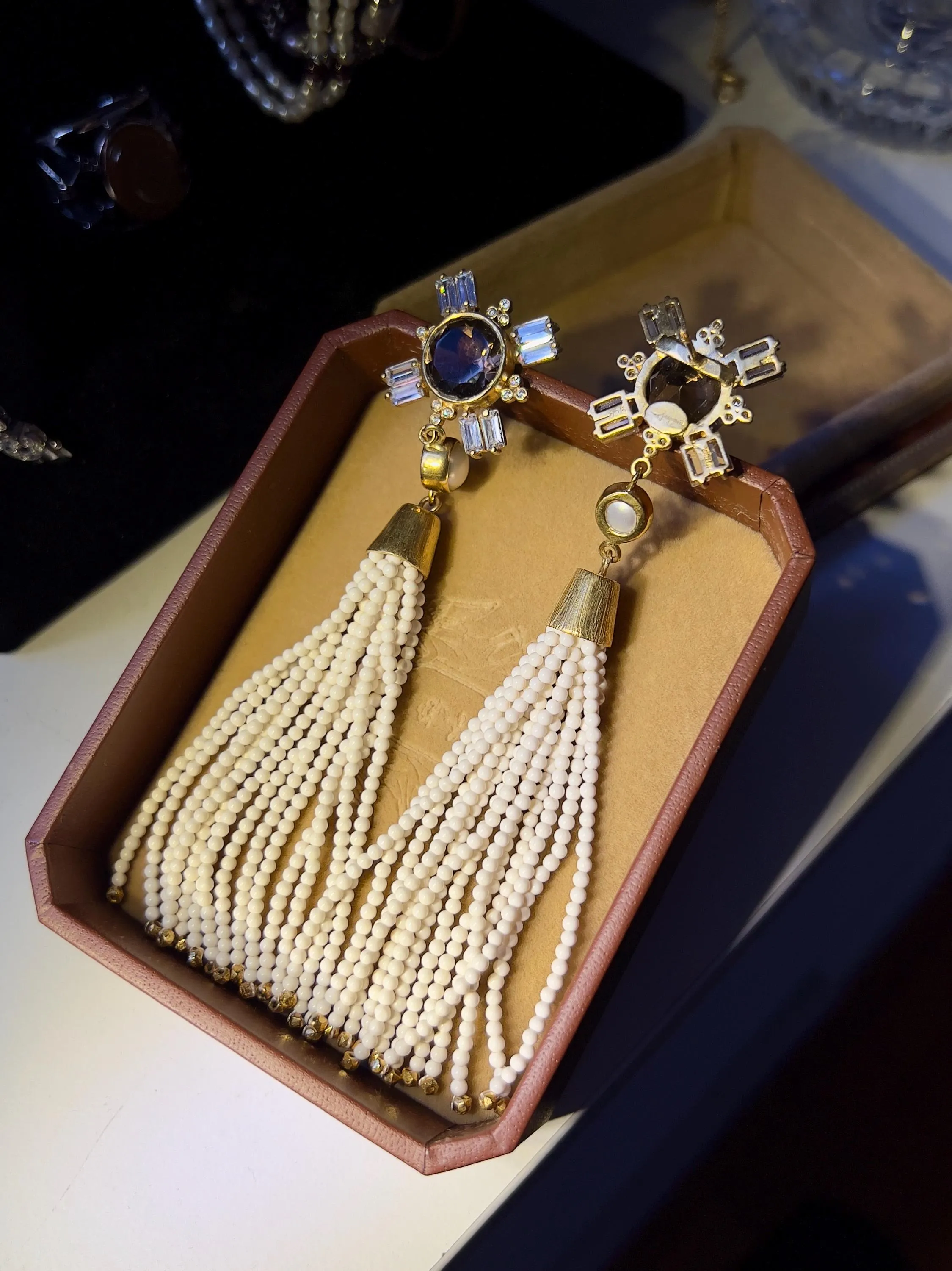 Smoky Quartz and Pearl with White Coral Beads Tassel 18k Gold Earrings